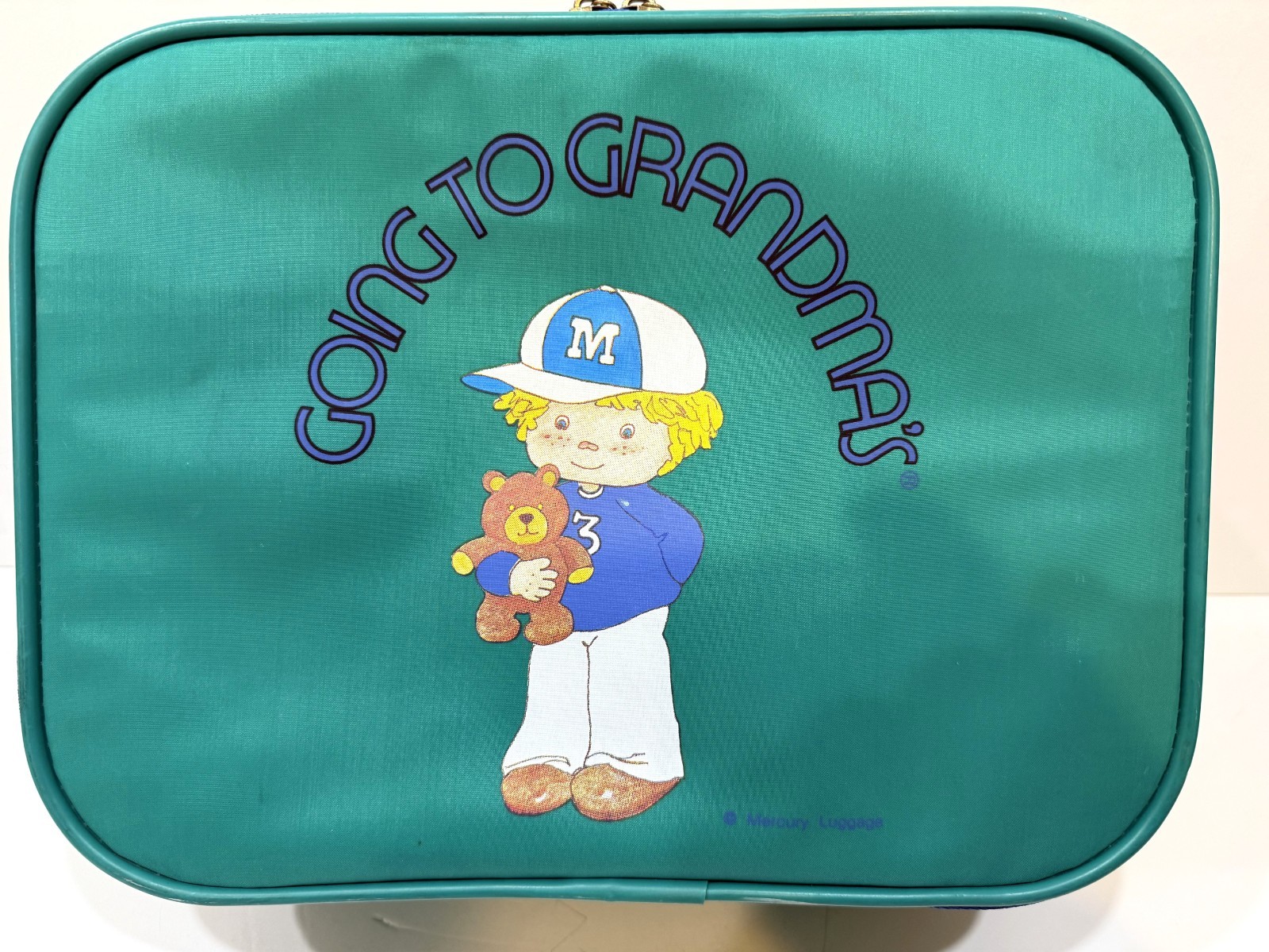 Vintage GOING TO GRANDMA’S Green 1980s Childs Vinyl Suitcase Travel Carry On Boy
