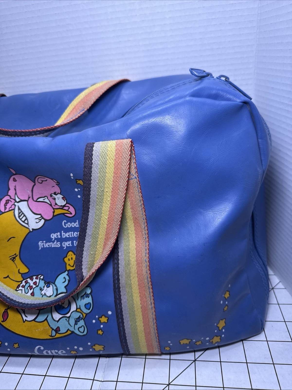 Vintage 1983 Care Bears Blue Vinyl Duffel Travel Bag Rainbow Straps Moon Graphic