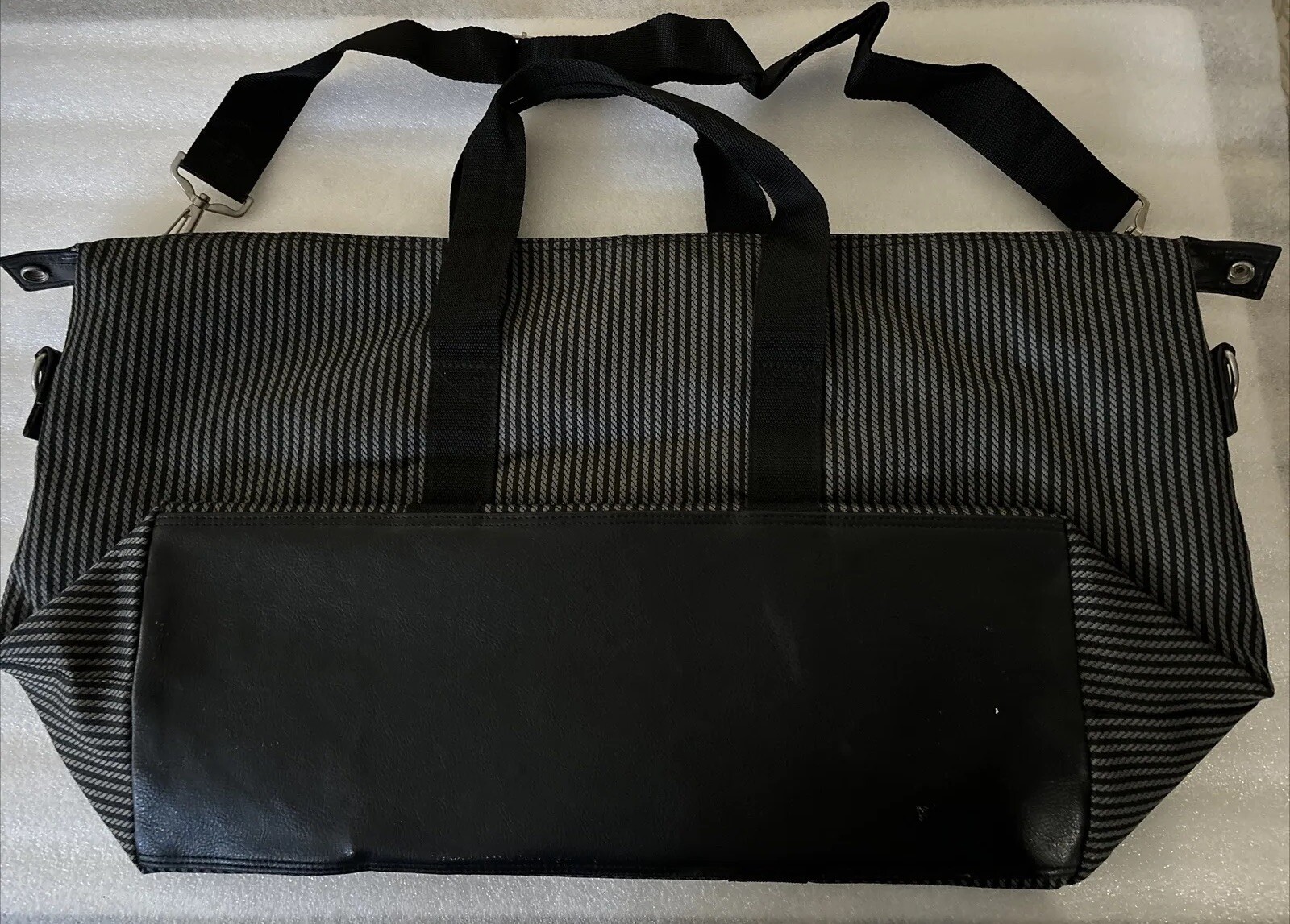 Vintage Overnight Weekender Bag, Black Gray Striped With Adjustable Strap