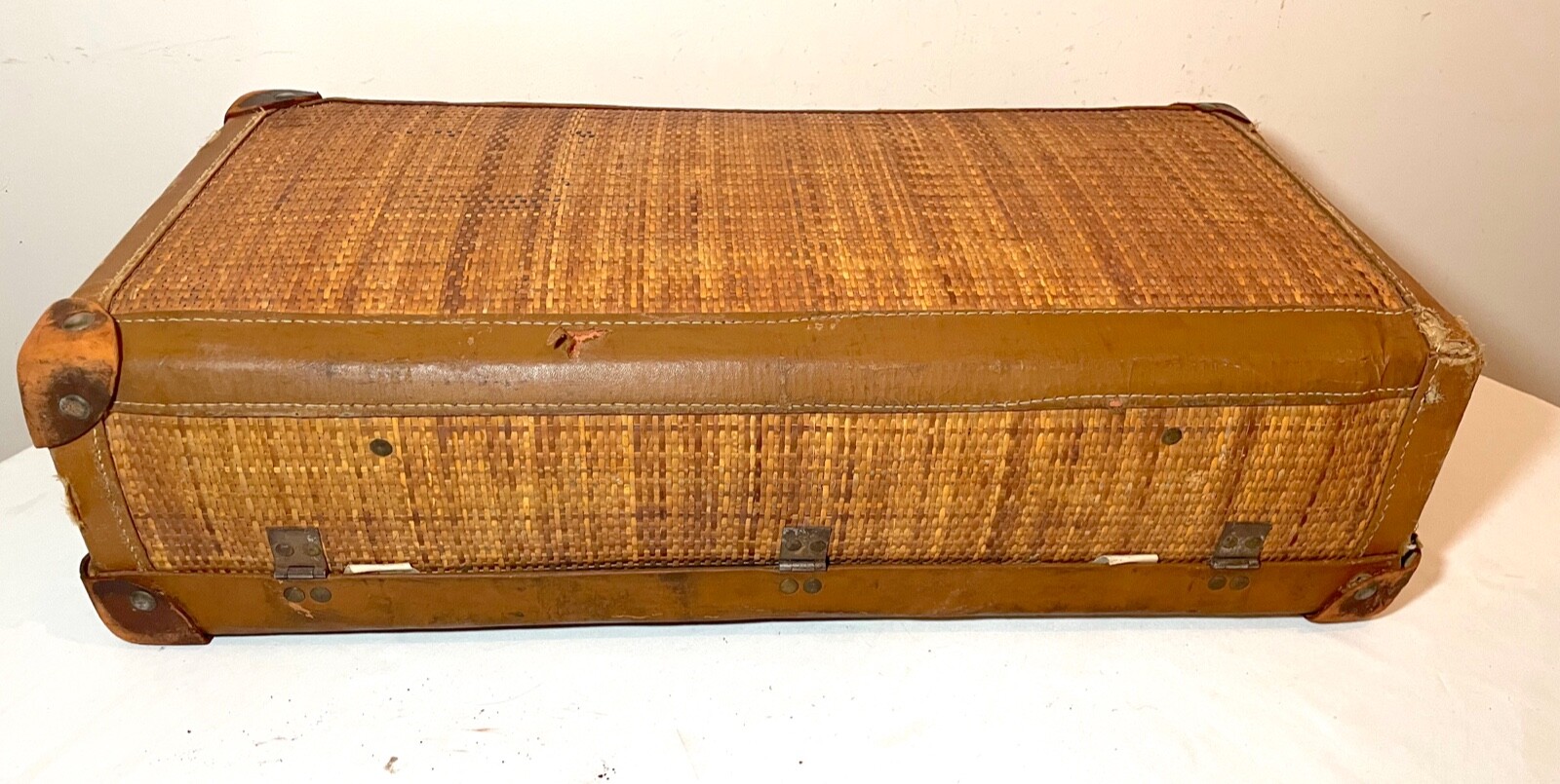 rare antique 19th century handmade woven wicker leather brass travel suitcase