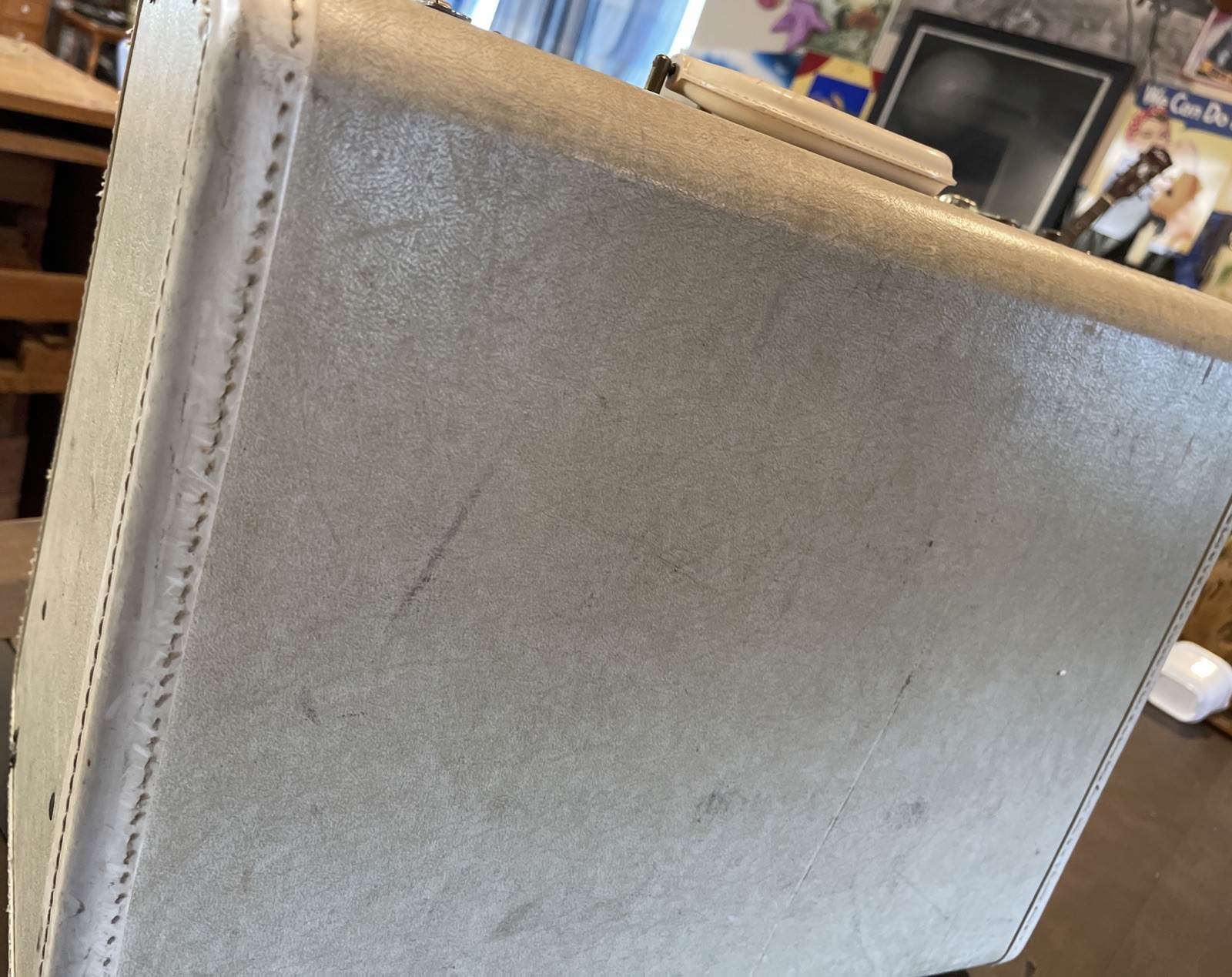 Vintage Large Wedge Suitcase Working Hinges Worn Cream W/ Tattered Purple Silk