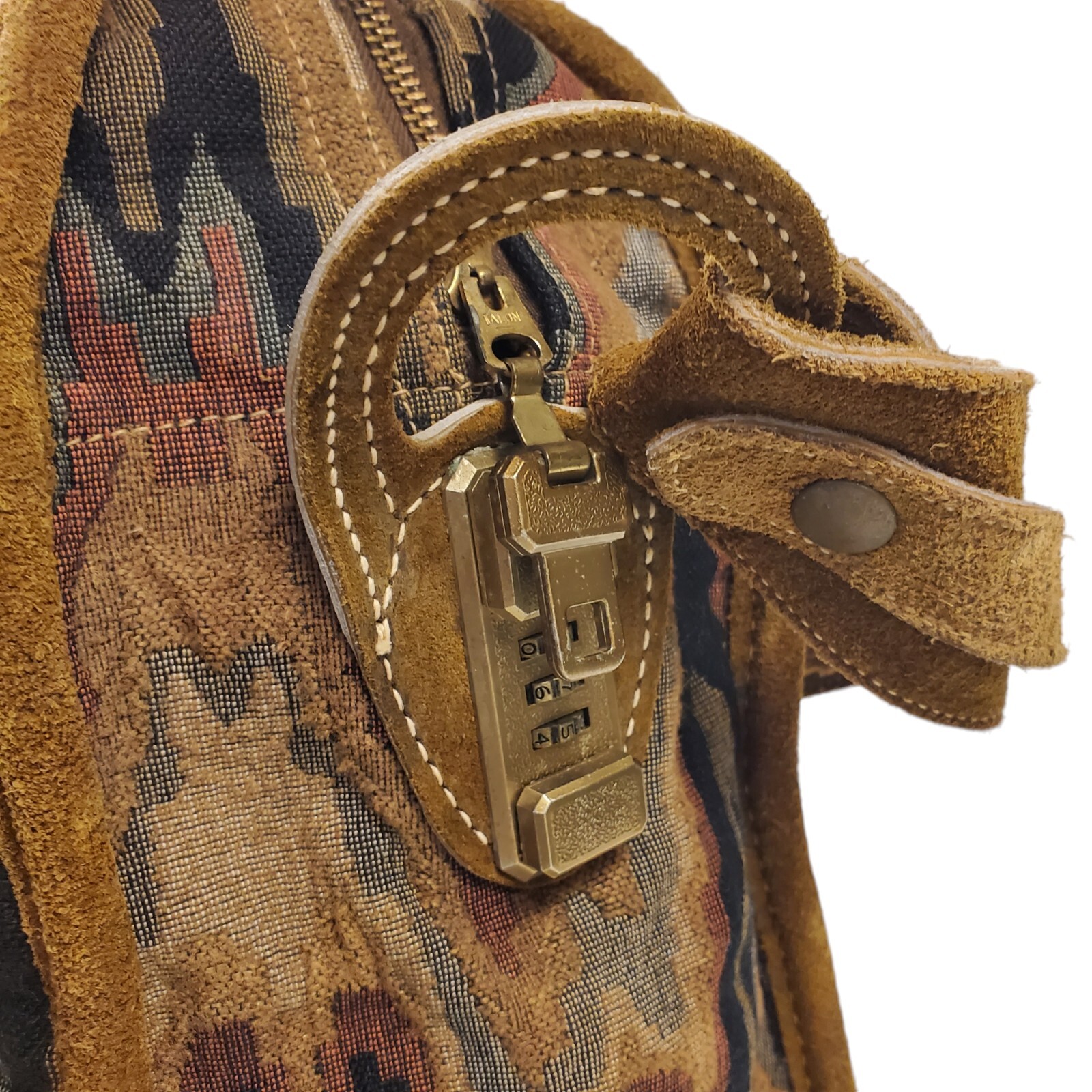 Vintage NEIMAN MARCUS Travel Bag Brown Suede Tapestry Geometric Oversize Padlock