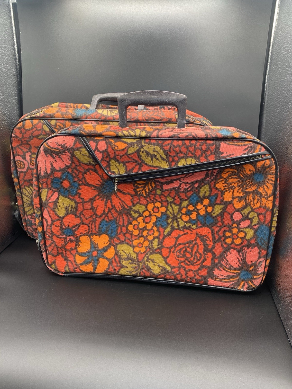 2 pc. 70s Flower Power Fabric Suitcases Luggage Made in Japan Vintage