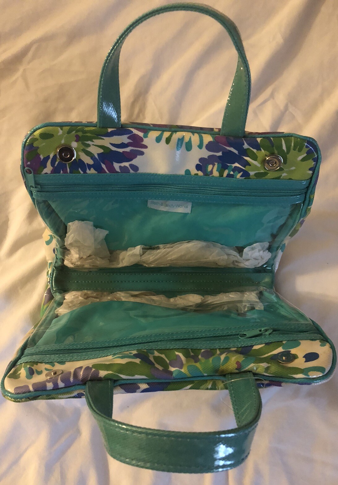 90s Vtg Bath & Body Works Vinyl Travel Bag Handles Green Purple Floral NWT Rare