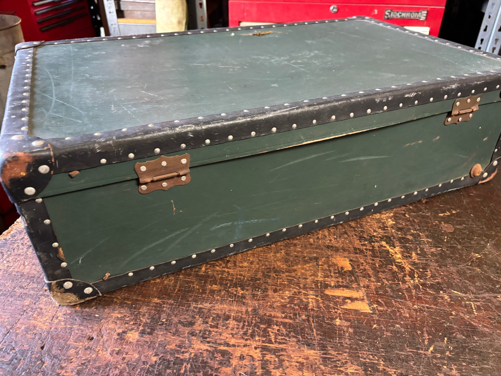 Antique Suitcase Riveted Binding Brass Hardware 1920’s Heritage Green & Black