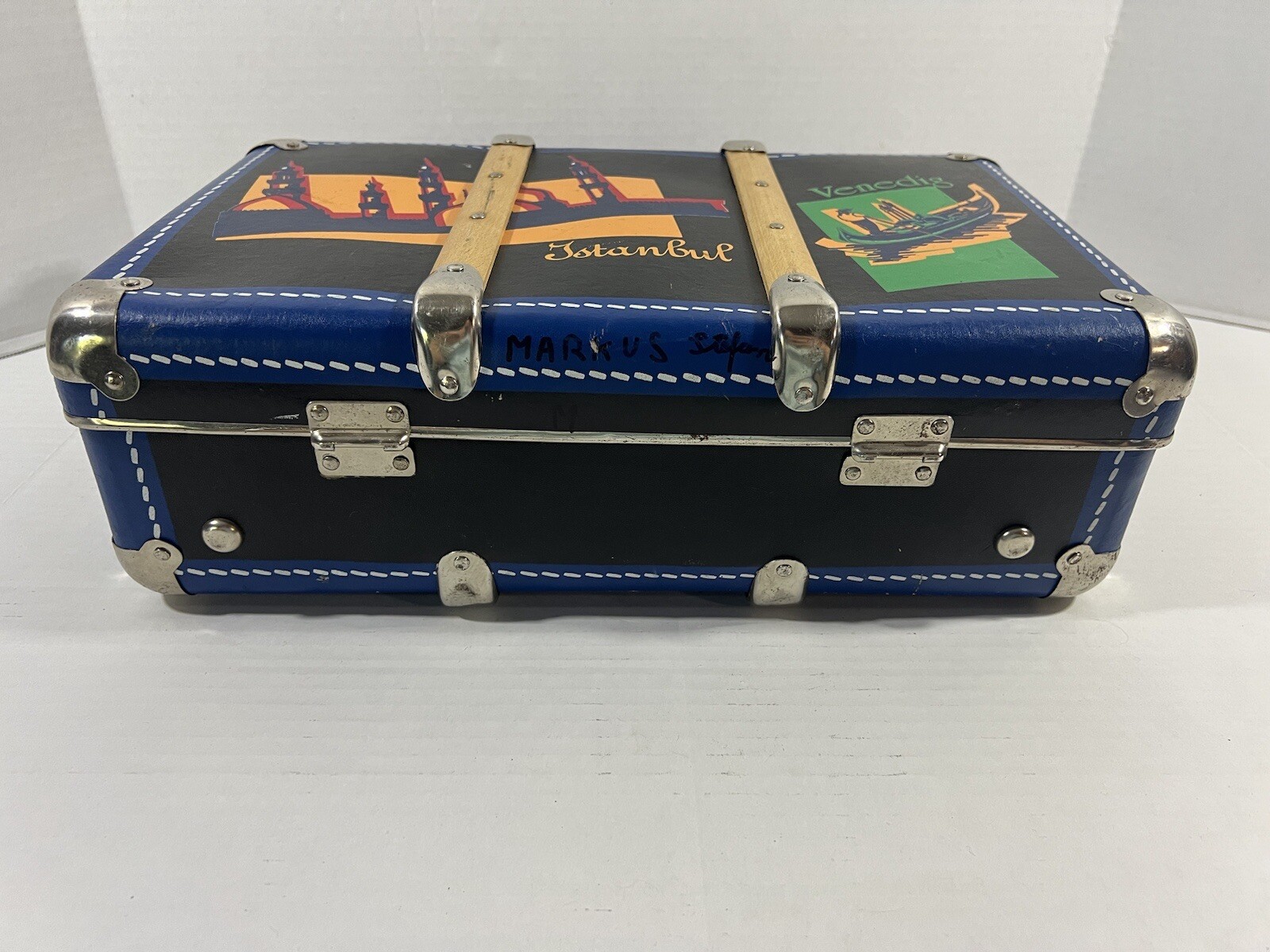 Unusual Vintage Blue Luggage Travel Suitcase Decor Istanbul Venedig Nice! #2