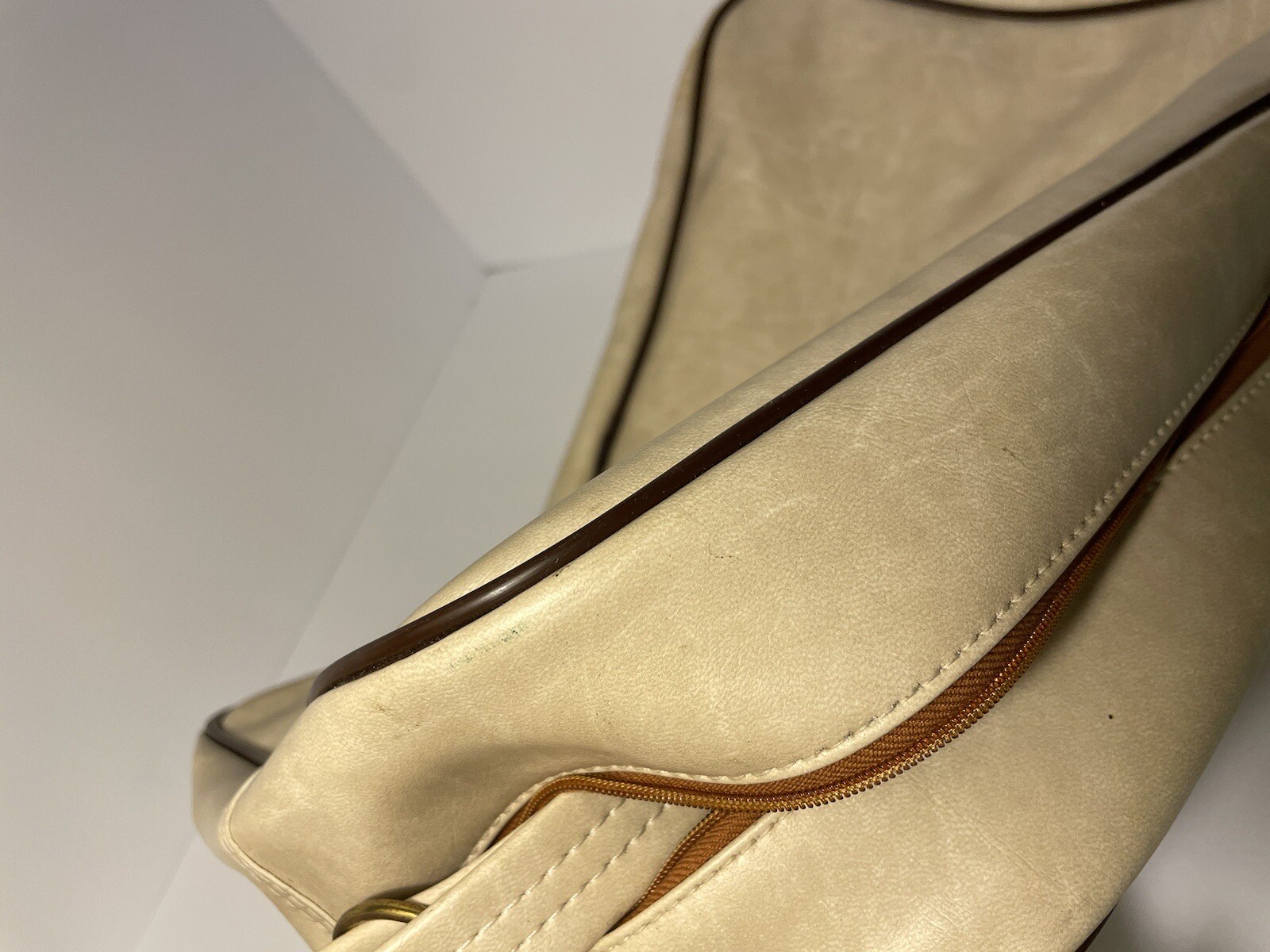 Ajay Carry On Travel Bag Retro Leather Brown Beige MCM 17” x 11” Small Vintage