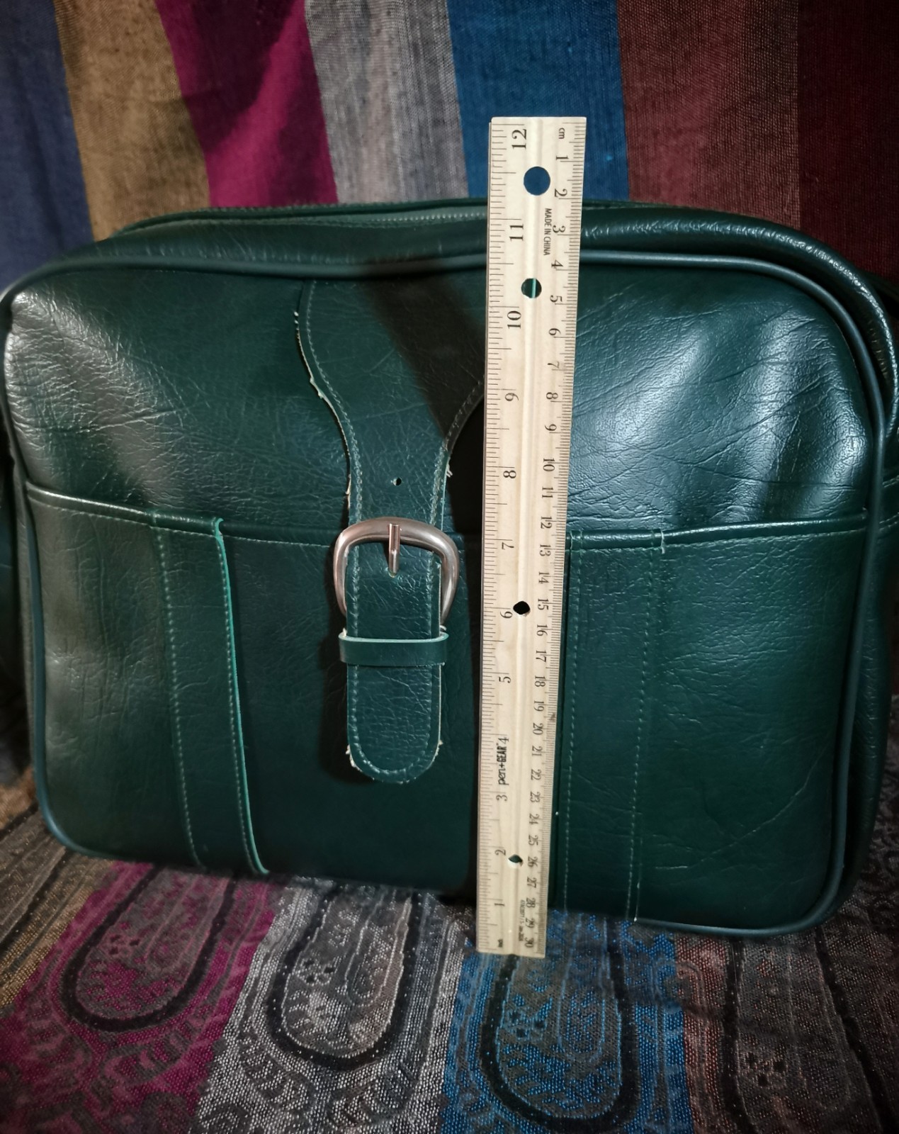 Vintage Dark Green Flight Travel Bag Adjustable Shoulder Strap Zip Closure 11×14