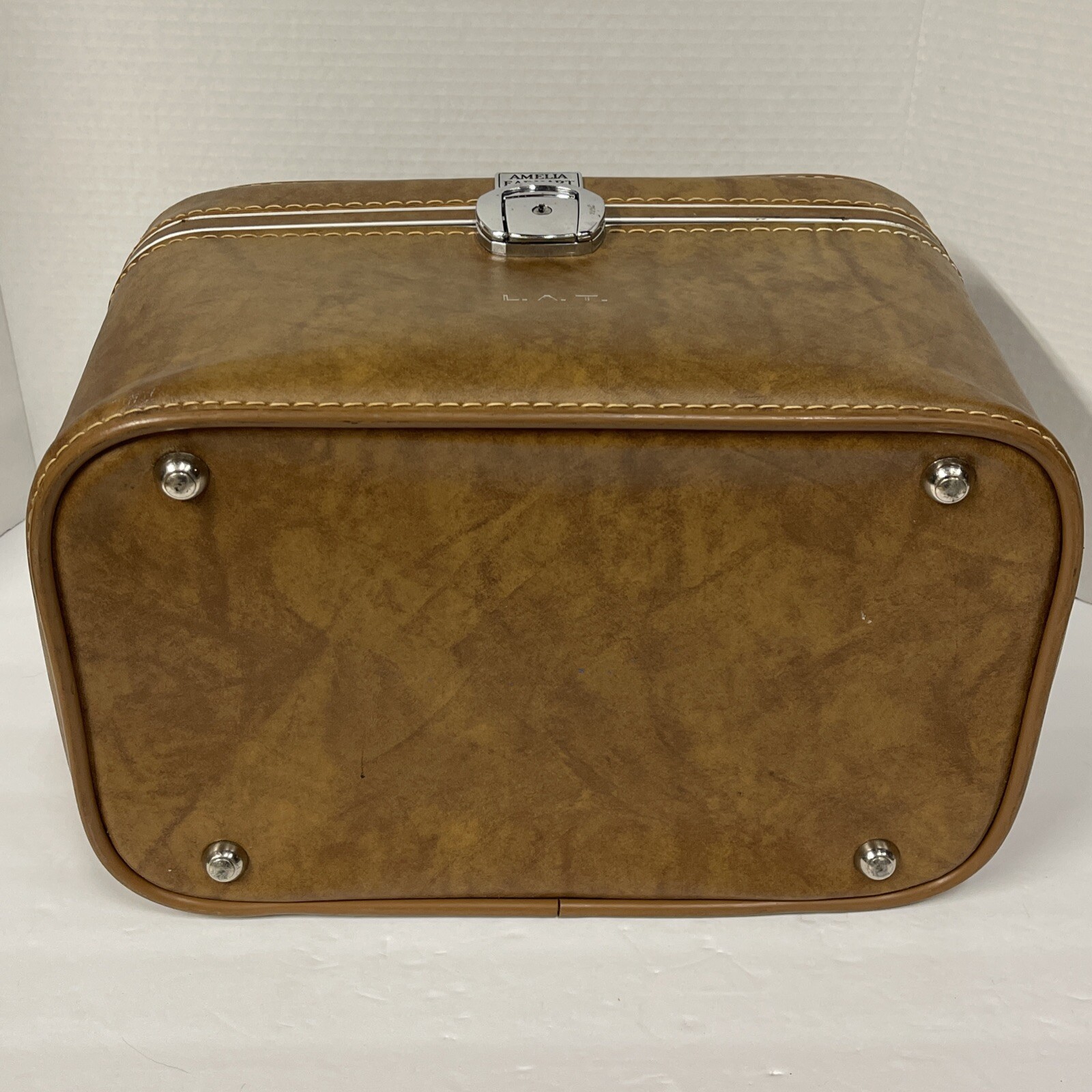 Vintage Amelia Earhart Train Case Travel Trunk Make Up Bag Mirror Brown / Tan