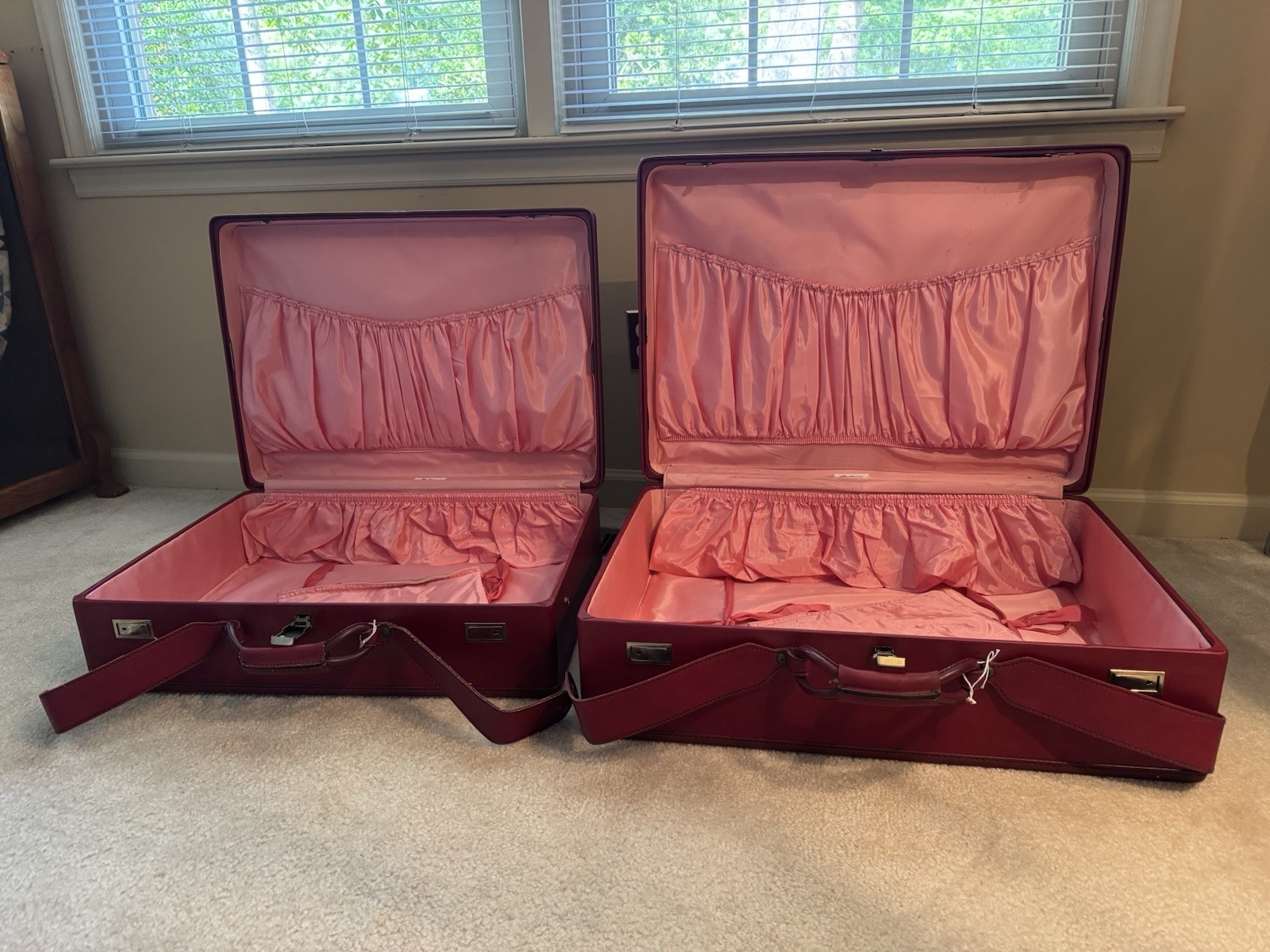 Vintage Hartmann Red Leather Hard Case Suitcase Set (2) Wood Frame Retro Luggage