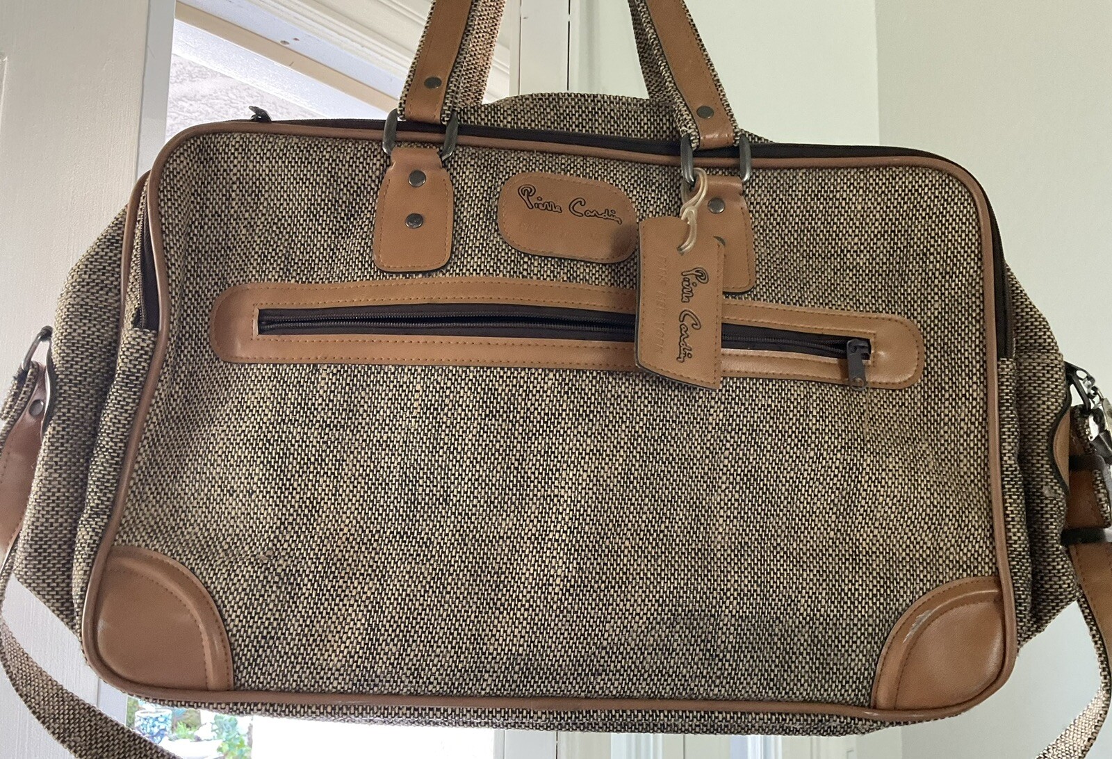 Vintage Pierre Cardin Brown Tweed Luggage/carry On. Shoulder, Multi Pocket