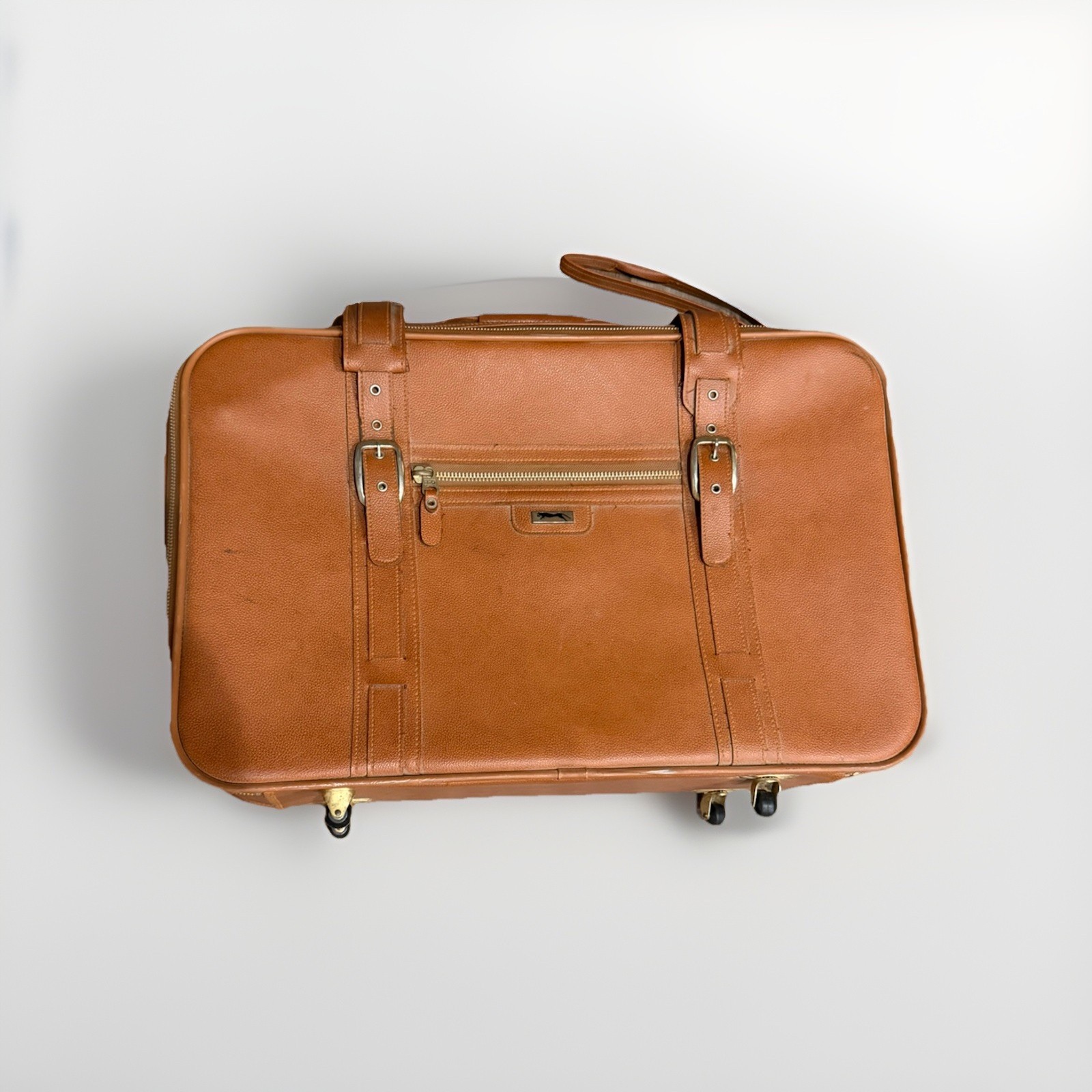 Vintage JC Penney Jaguar Leather Rolling Suitcase Cognac Brown Lock Keys YKK