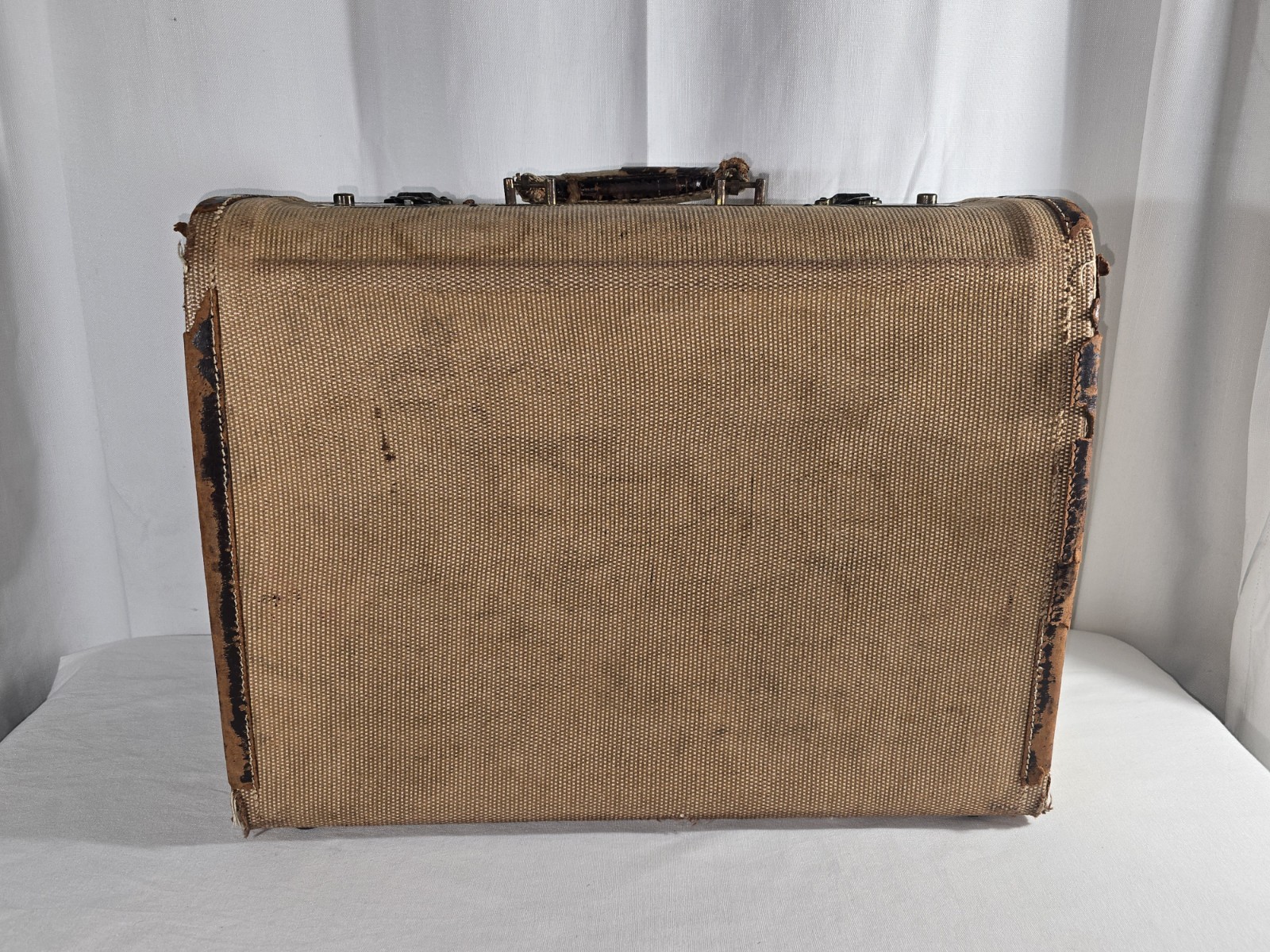 Vintage 1940s Tweed Suitcase Luggage Woven Canvas Plaid Lining Leather Handle