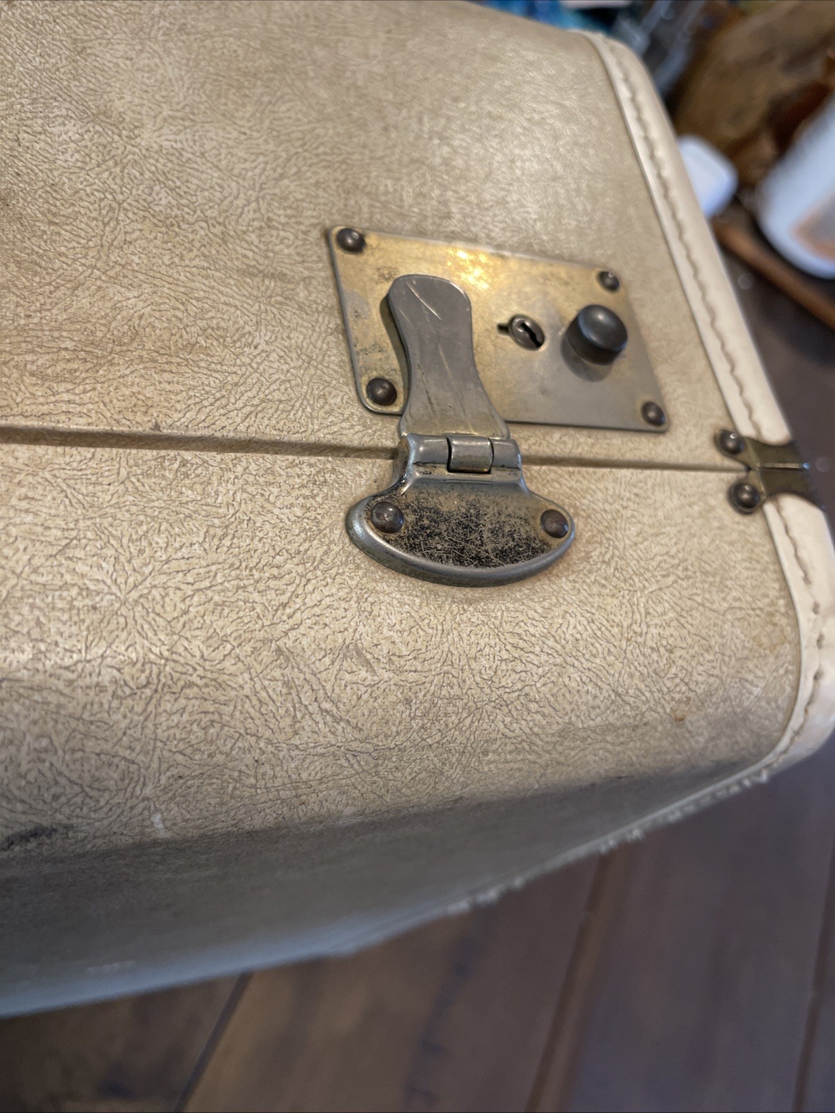 Vintage Large Wedge Suitcase Working Hinges Worn Cream W/ Tattered Purple Silk