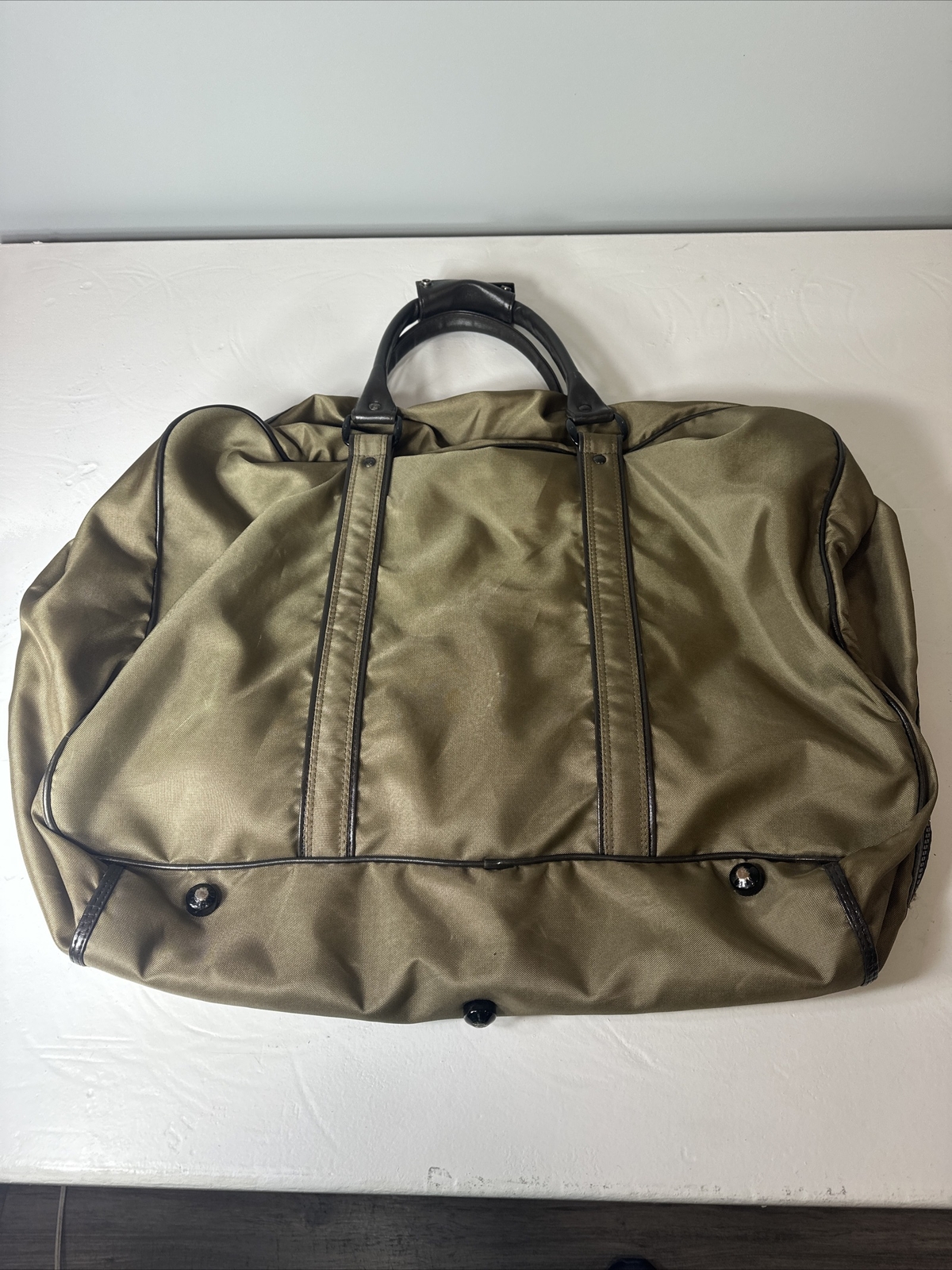 Yves Saint Laurent YSL Leather Trimmed Olive Weekender Bag 3 Pockets 24×18 In