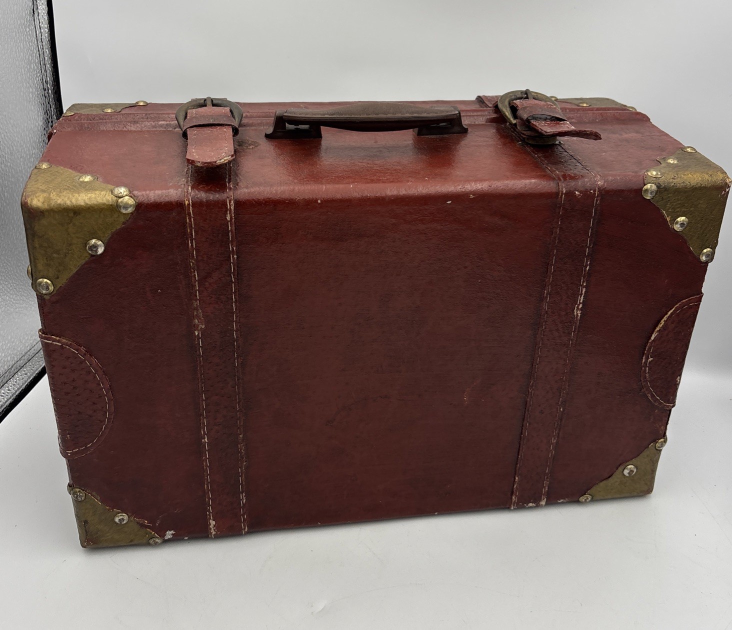 Vintage Leather Train Case Small Trunk Brass Corners Vanity Travel Box Red