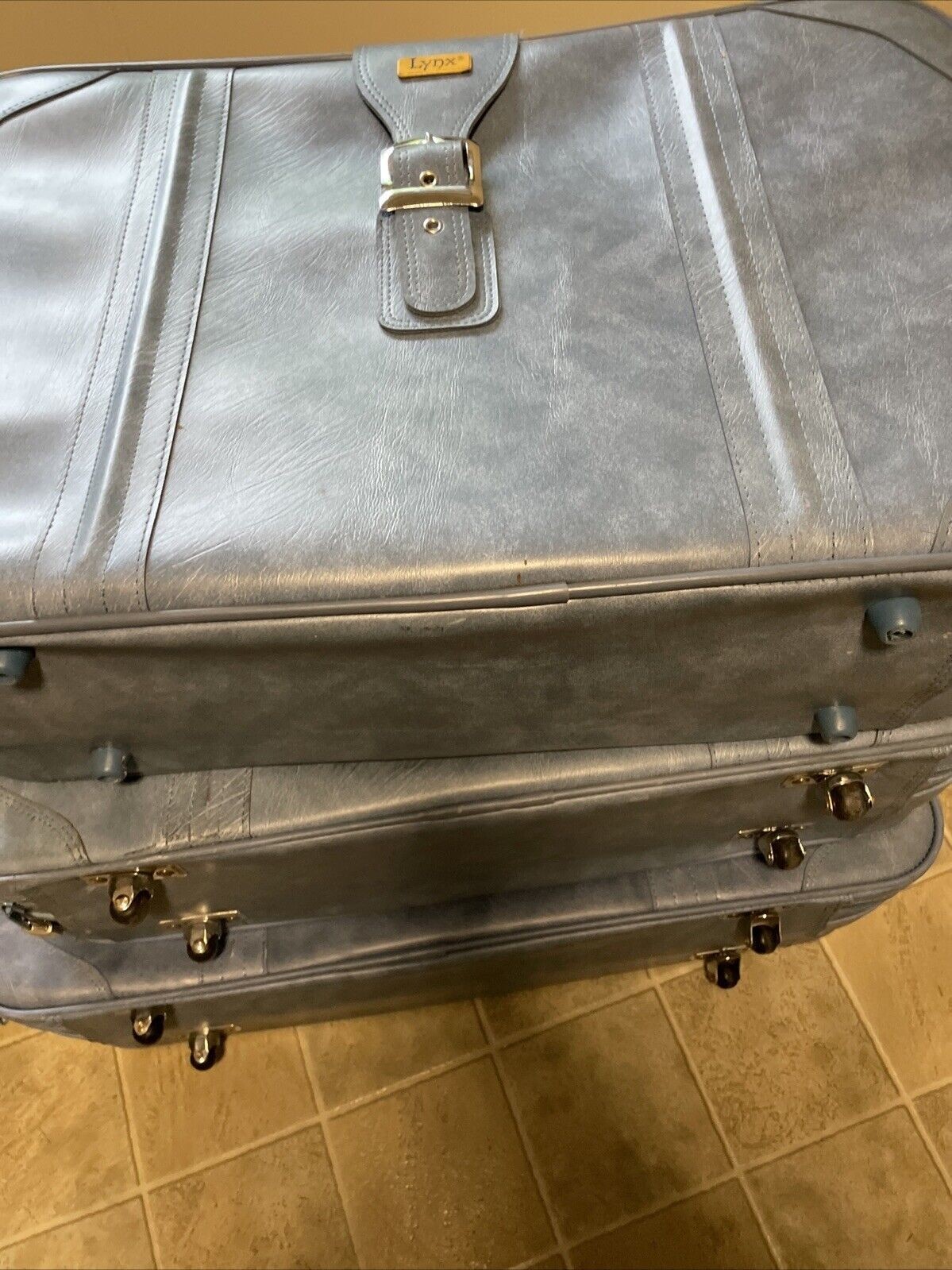 5 PCS Vintage LYNX Blue Vinyl SuitCase Luggage Set HTF W/ Lock & Key