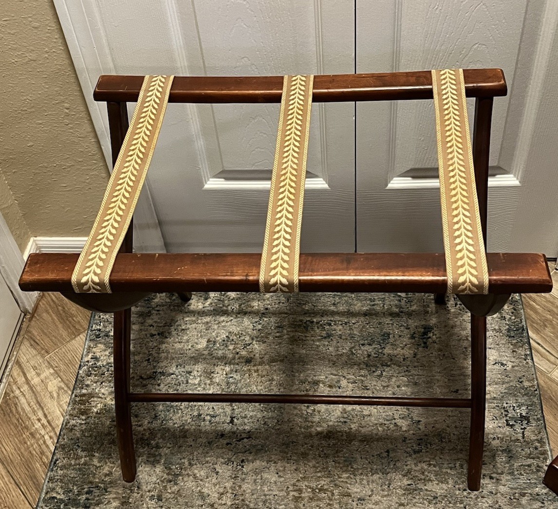 Wooden 60s Folding Luggage Rack Suitcase Stand Tapestry Straps Pennsylvania Made