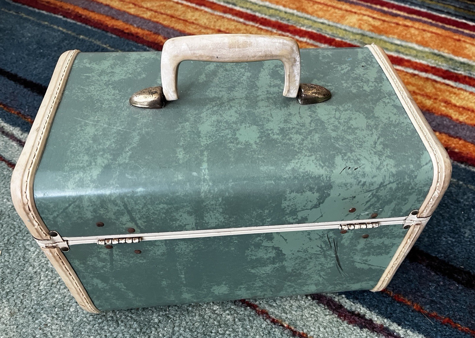 Vtg Samsonite Luggage Cosmetic Train Carry Case #5112 Marbled Green Ivory Trim