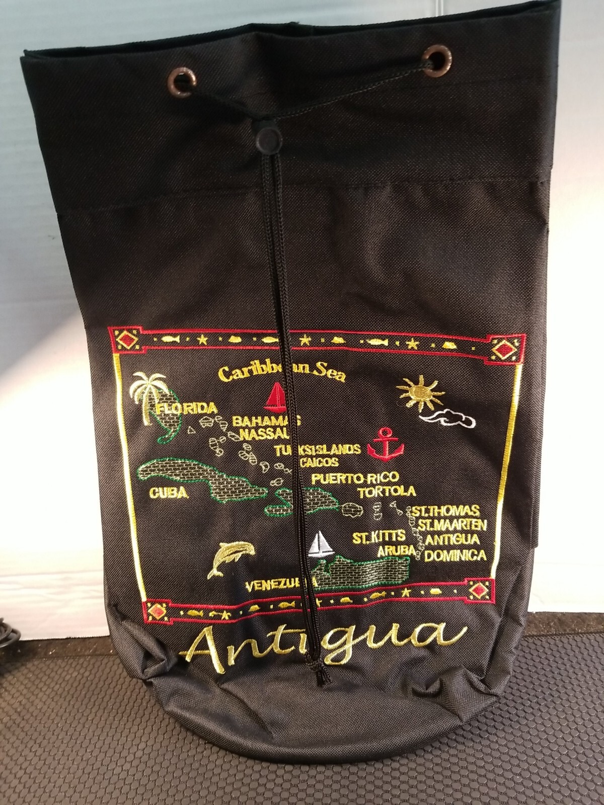 Enbroidered Antigua Bucket Backpack Tourist Bag with Straps Drawstring Closure