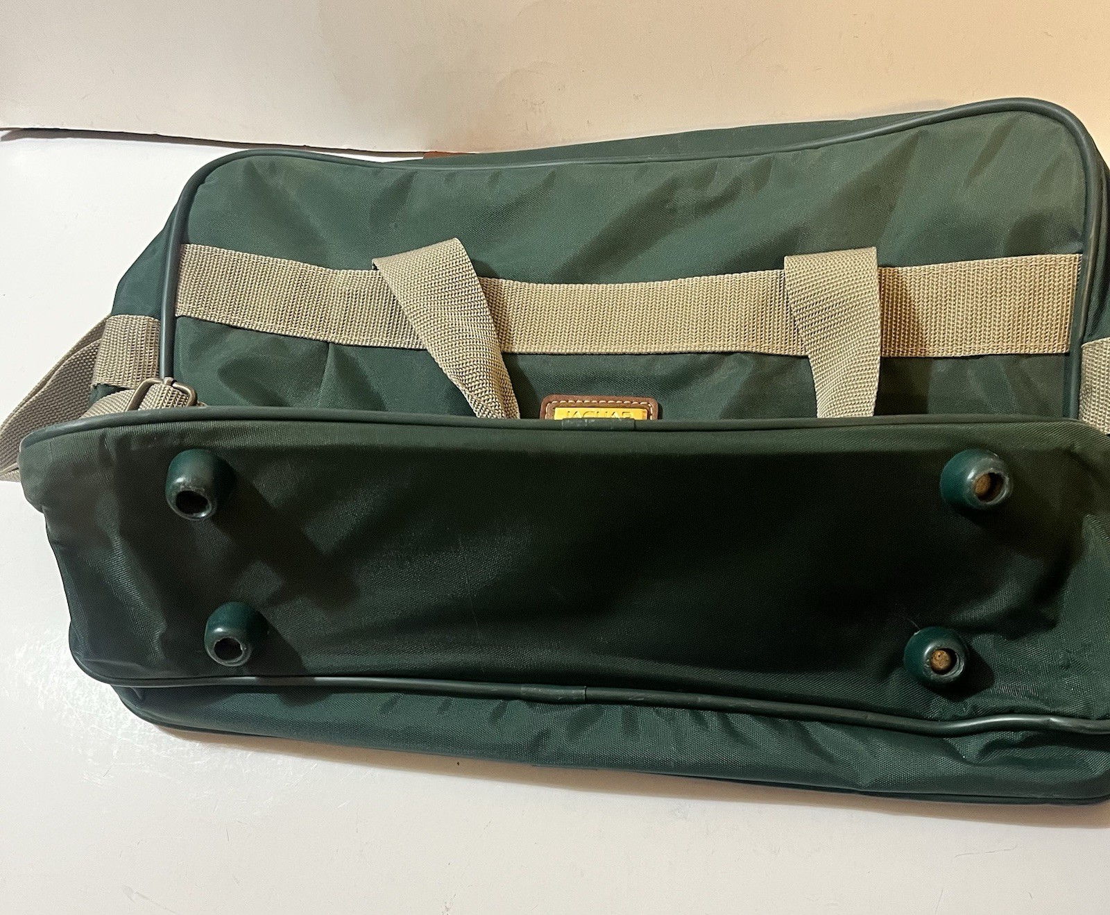 Vtg JAGUAR Weekender Dark Green Canvas Duffle Travel Tote Bag Metal Zippers EC