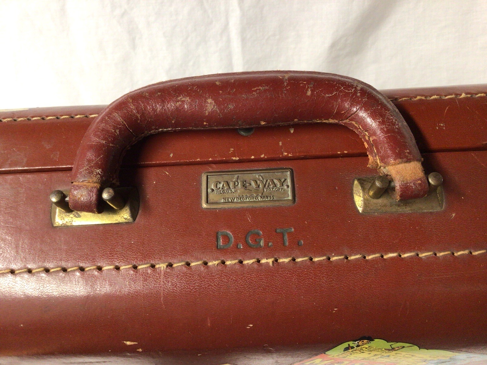 Vintage Cape-Way Leather Suitcase with Travel Stickers Cornell College Bound