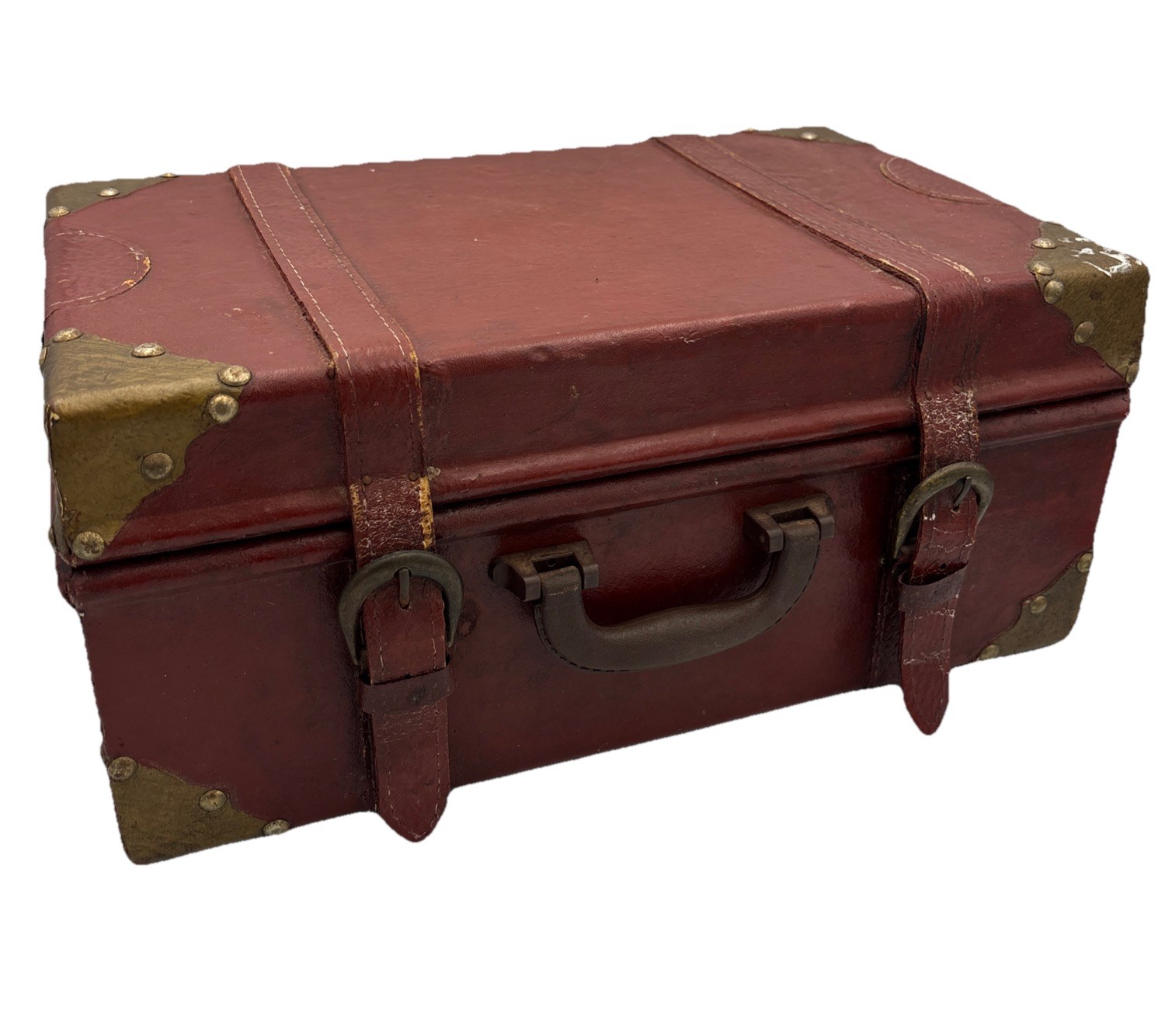 Vintage Leather Train Case Small Trunk Brass Corners Vanity Travel Box Red