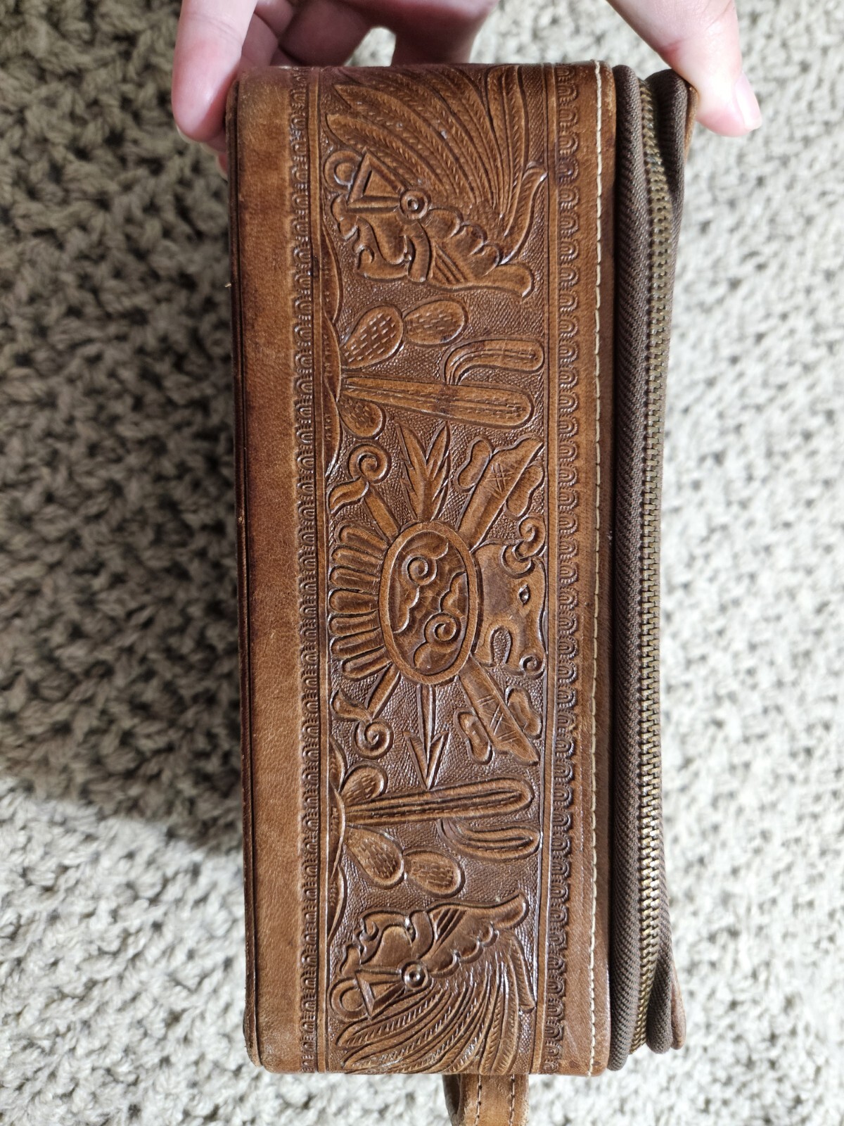 Antique Vintage 1930s Tooled Leather Toiletry Bag Great Condition Tiki Men Box