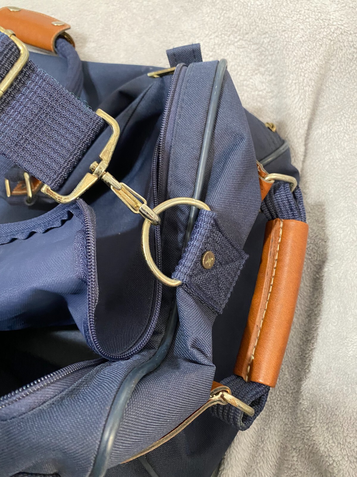 Vintage JcPenny Jaguar Suitcase Roller Luggage Bag Blue PolyesterTan Leather 26”