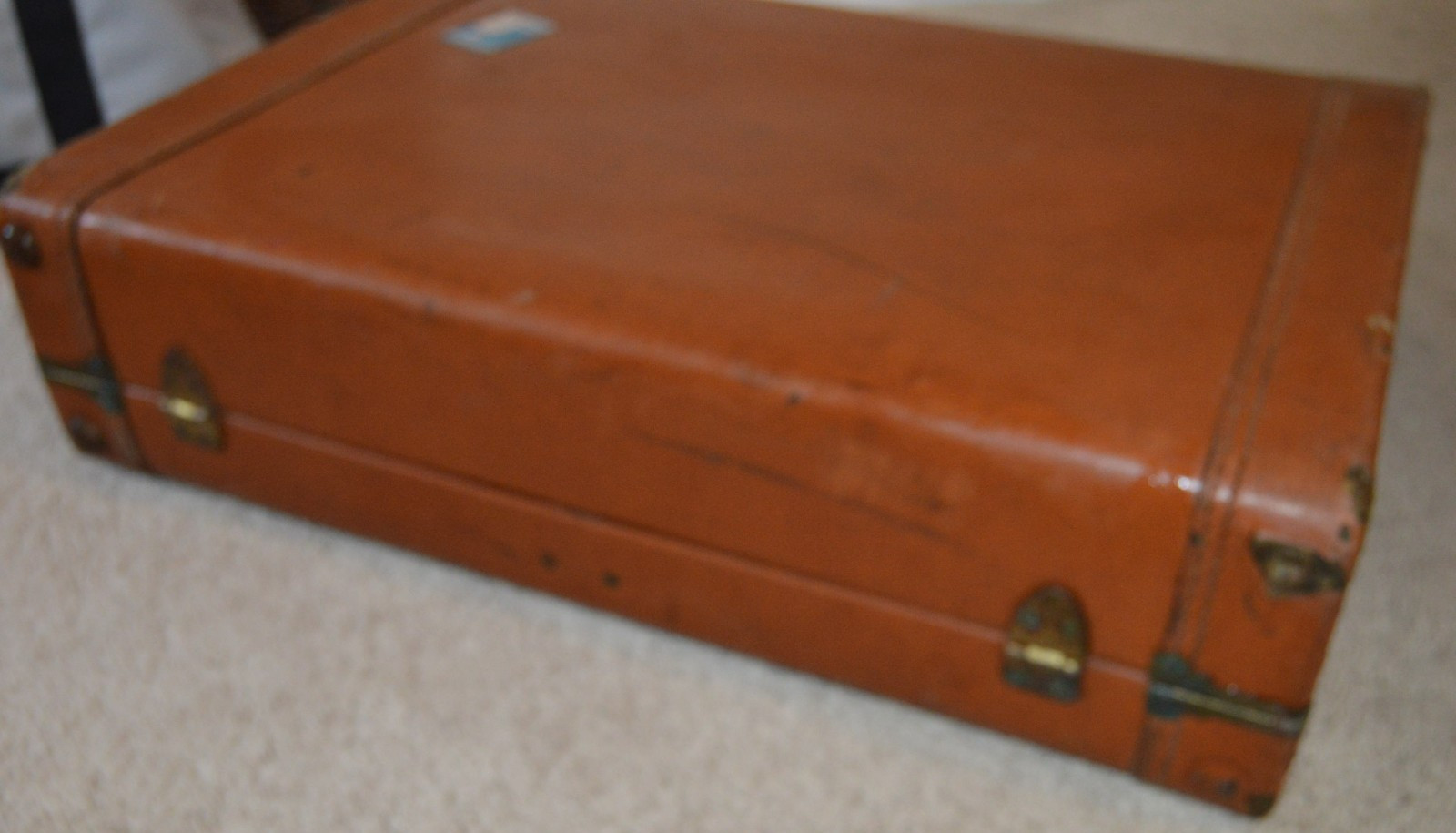 Vintage Tan Leather Hard Luggage 23 x 17 x 5 w/ Stickers Damage Rust 1950’s