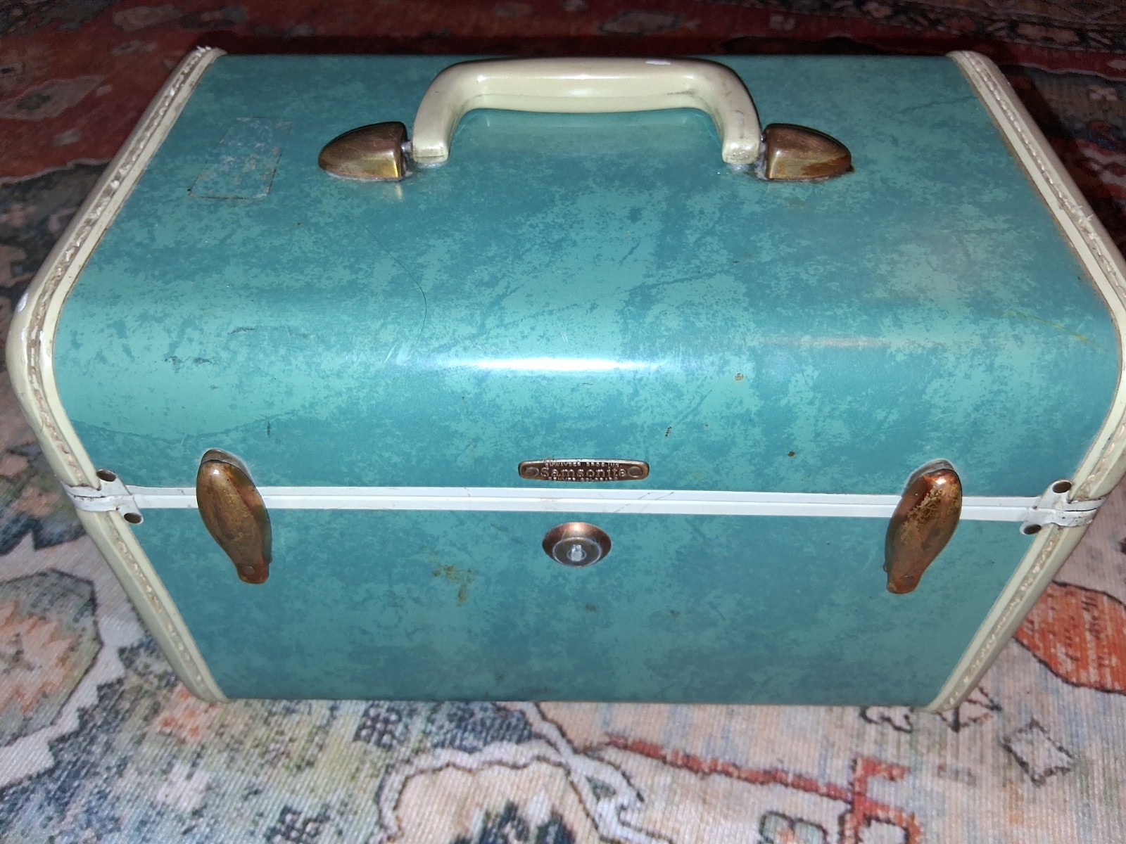 Vtg Samsonite Luggage, Train Carry Case #5112, Marbled Green Ivory Trim