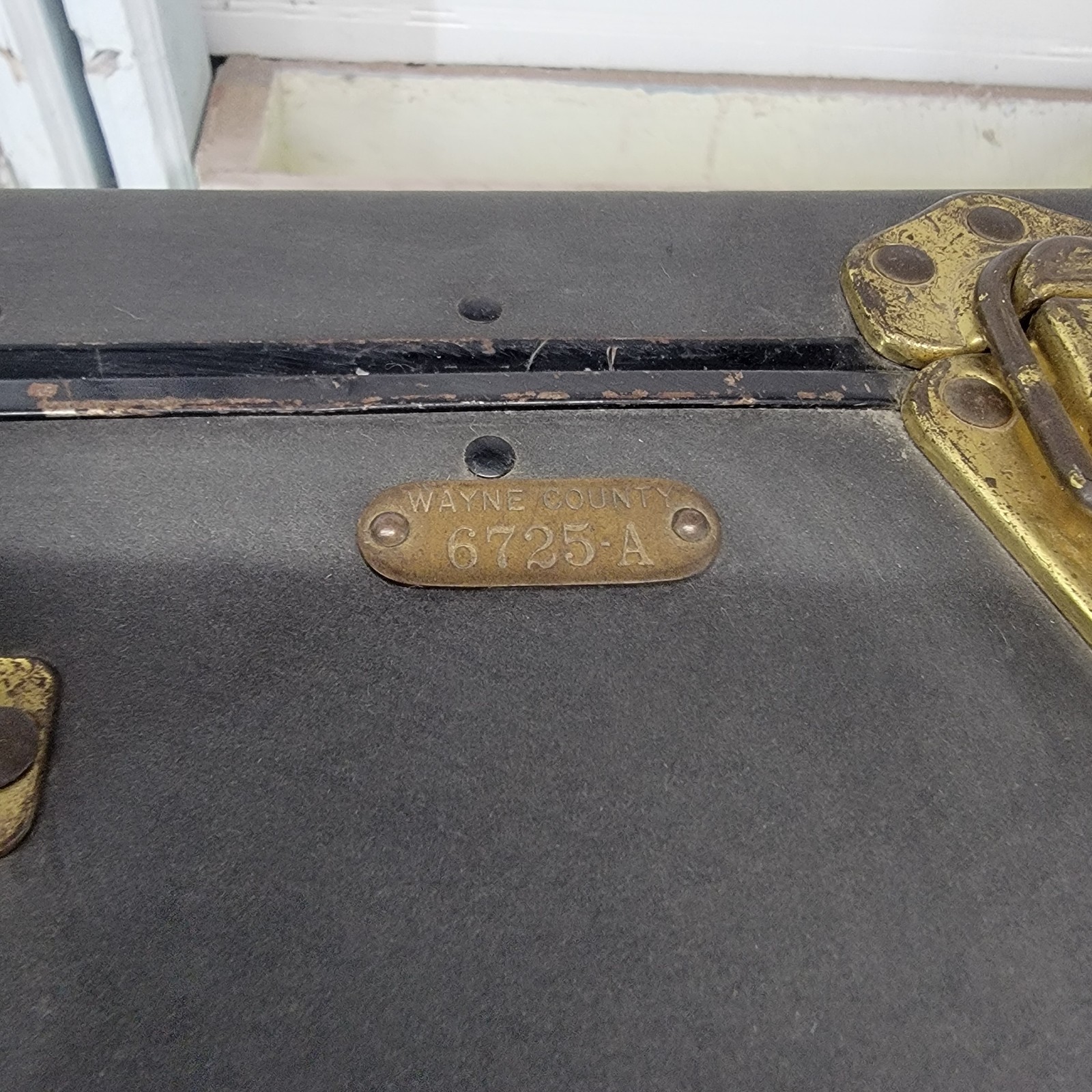 Vintage Suitcase Wayne County Tag Brass Hardware Storage Decor Case