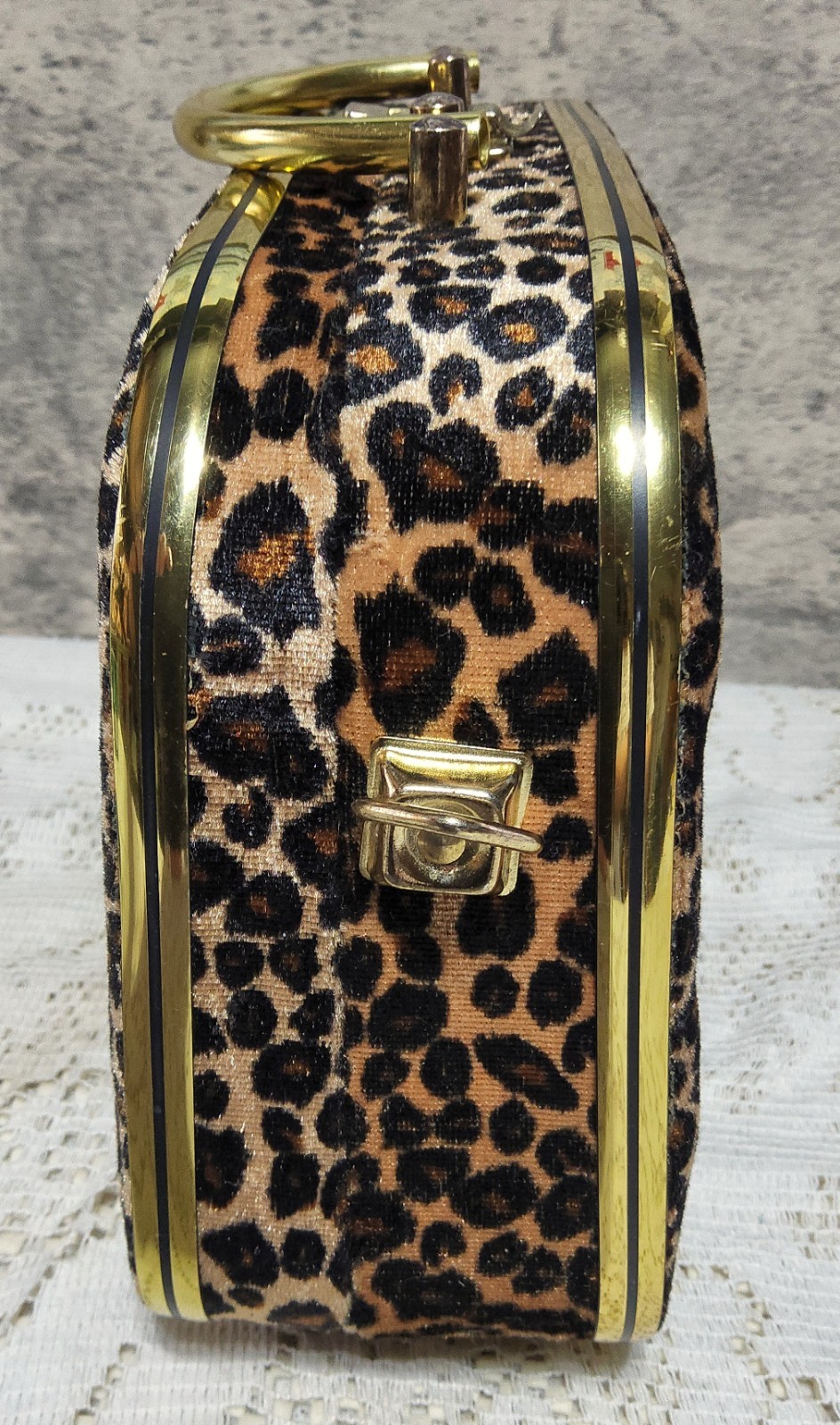 Vintage Leopard Print Jewelry Box Train Case Mid Century Modern Gold Tone Mirror