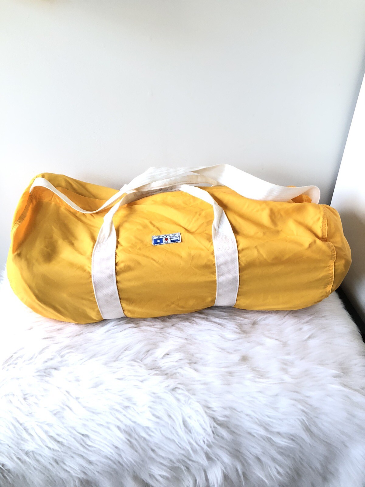 Vintage OMEGA bright Nylon Yellow Duffel Bag w Handles Logo
