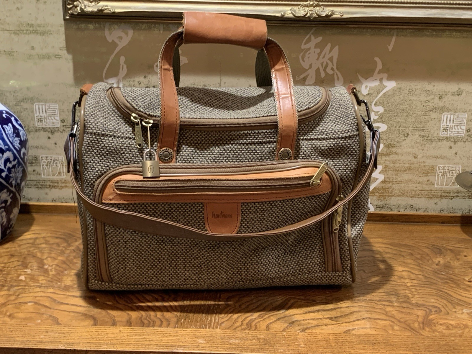 Vintage Hartmann Tweed & Leather Carry On Duffle Cosmetics Case Luggage Bag 15″