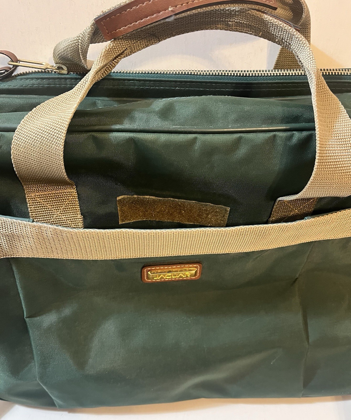 Vtg JAGUAR Weekender Dark Green Canvas Duffle Travel Tote Bag Metal Zippers EC