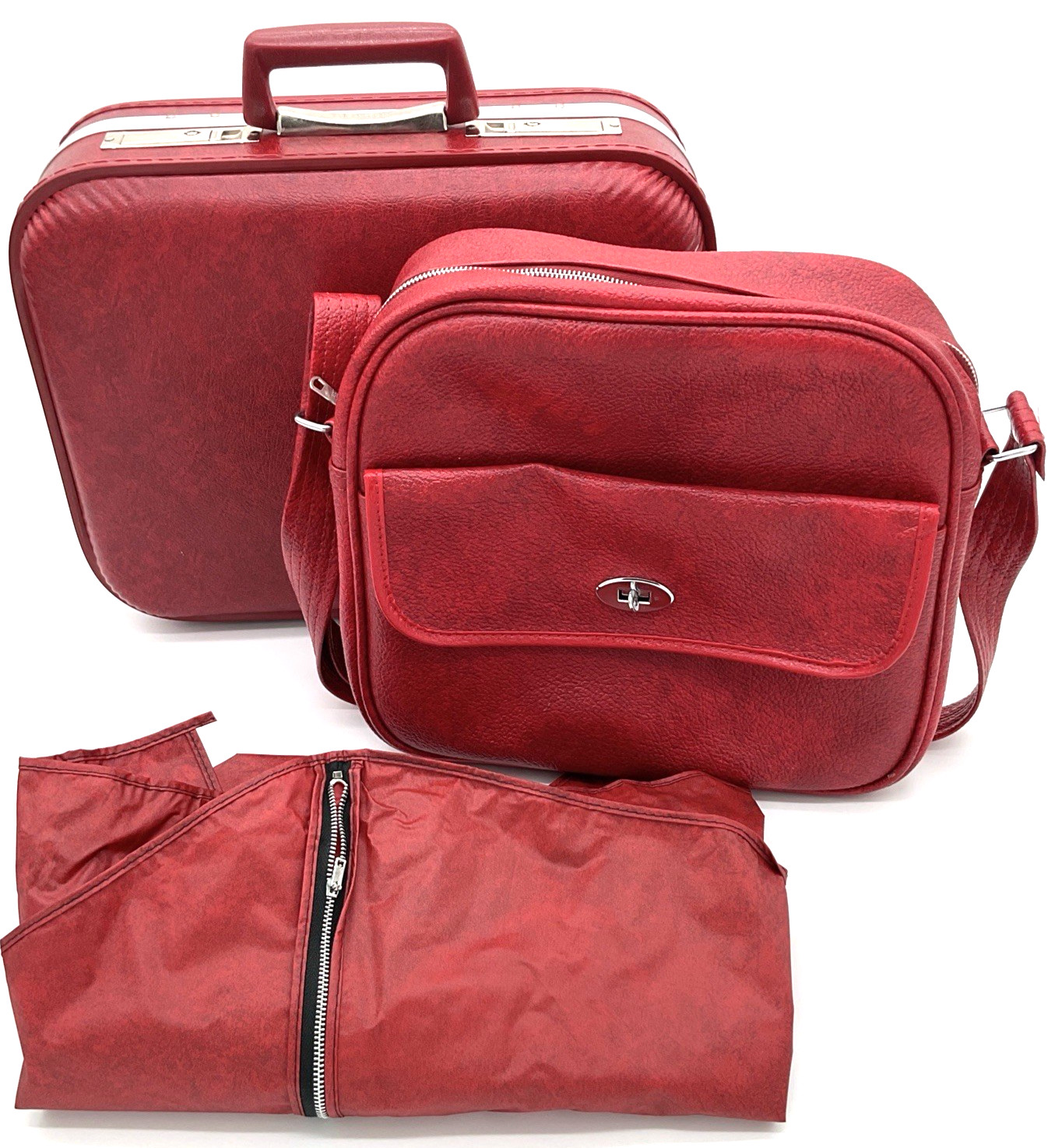 Vtg 1970 JcPenney 3-Piece Luggage Carrying Case Shoulder Bag Faux Red Leather