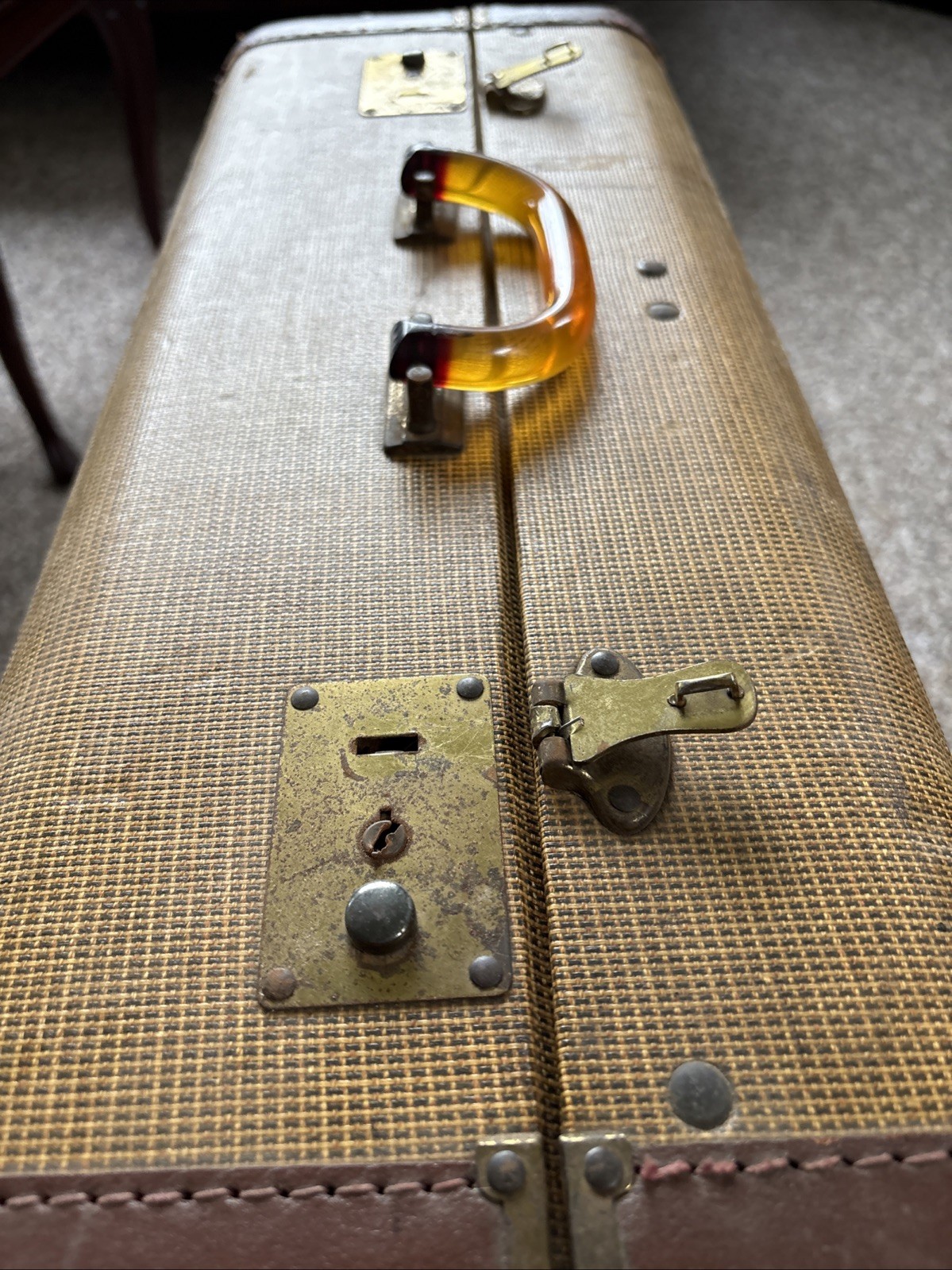 VTG-1940’s-1950’s-tweed Suitcase With Leather Trim-Bakelite Handle