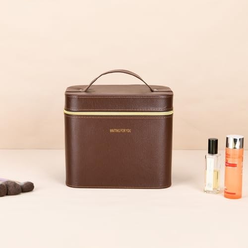 Luxury brown makeup box, Portable leather hard cosmetic case with mirror, Brown
