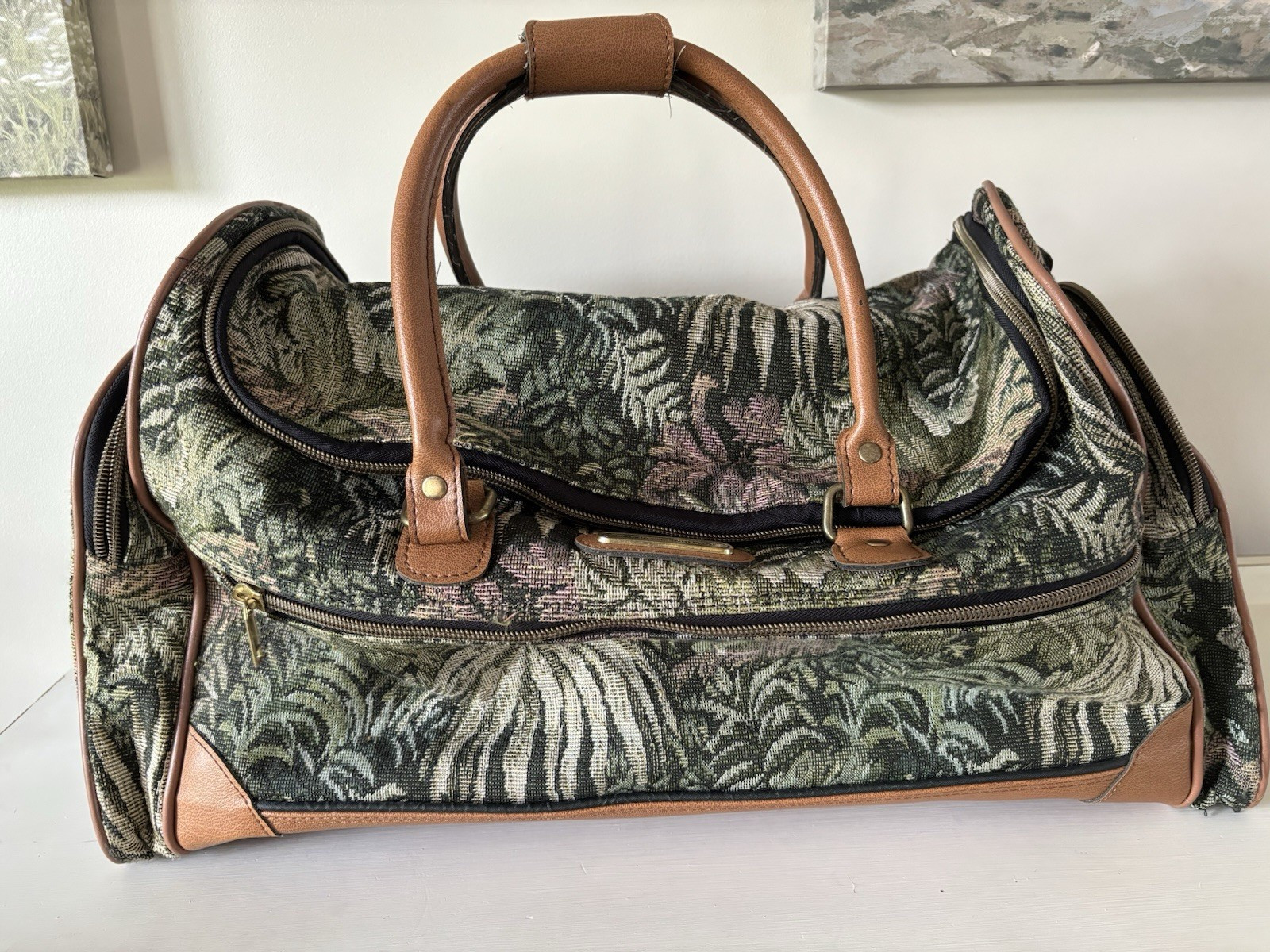 American Tourister Vintage Tapestry Duffle Bag Green Brown Leather 1990s
