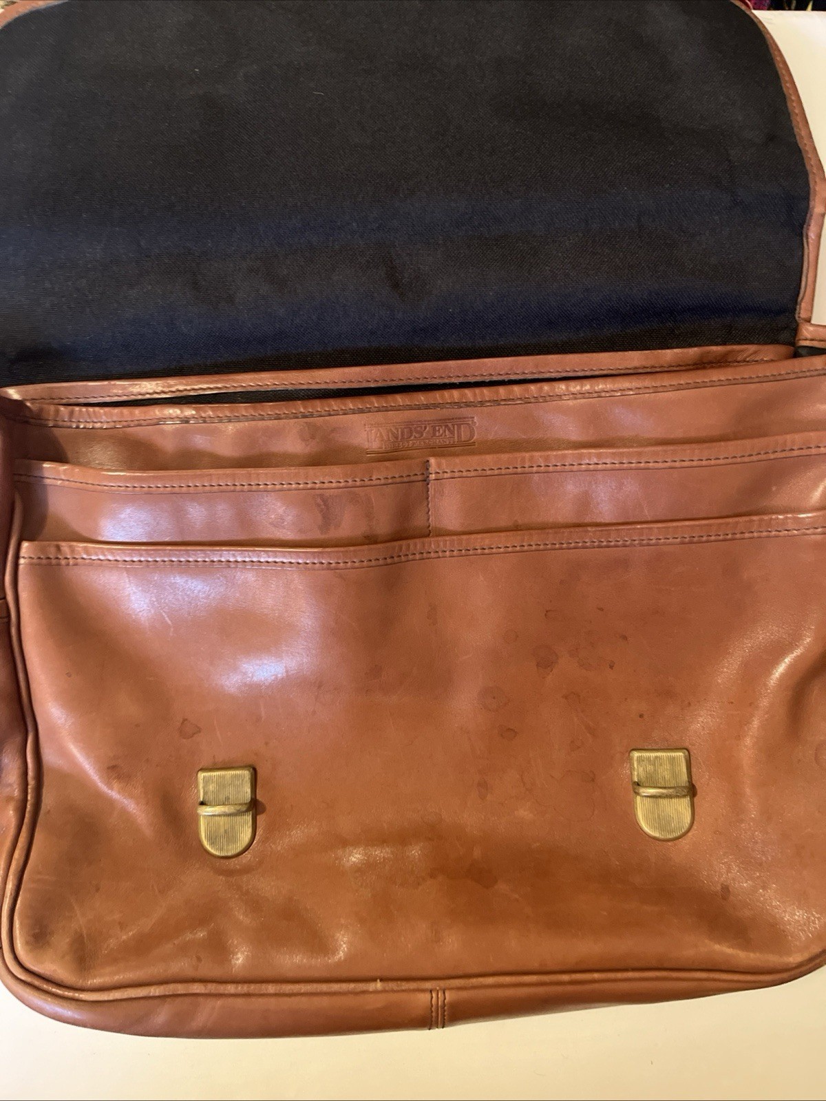 Lands End Vintage Brown Leather Messenger Tote Handbag Travel Briefcase England