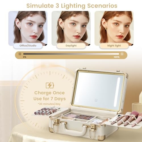 Lighted Makeup Case with Detachable Tray Makeup Box Beige Vegan Leather