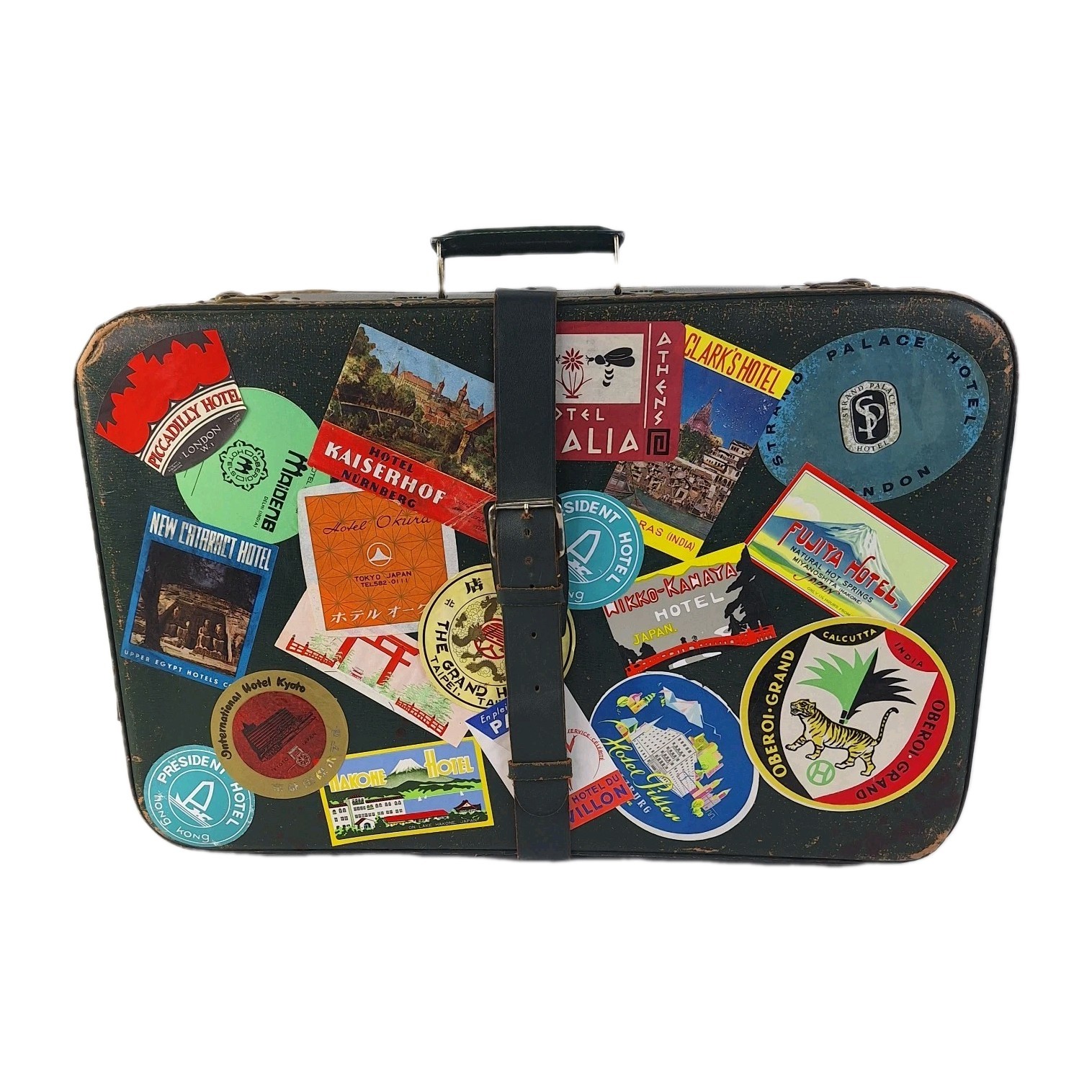 VTG Green Suitcase Original Travel Labels Mid Century Plaid Interior 1940s