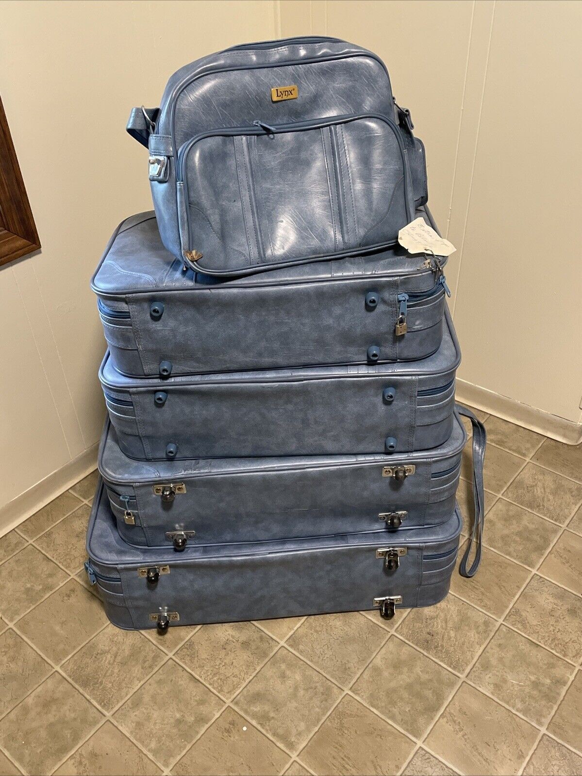 5 PCS Vintage LYNX Blue Vinyl SuitCase Luggage Set HTF W/ Lock & Key