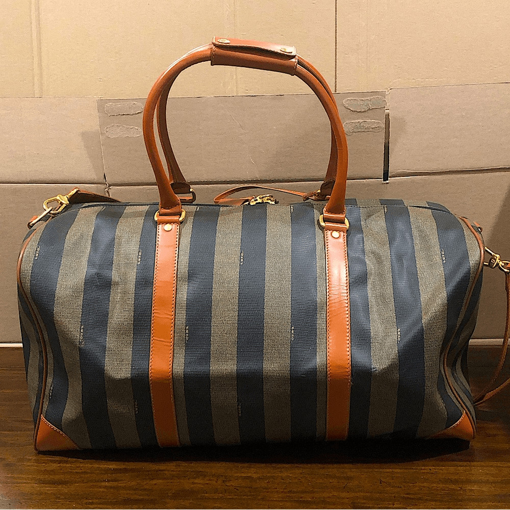 FENDI Pequin Pecan Striped Bandolier Boston Travel Bag w FENDI Shoulder Strap