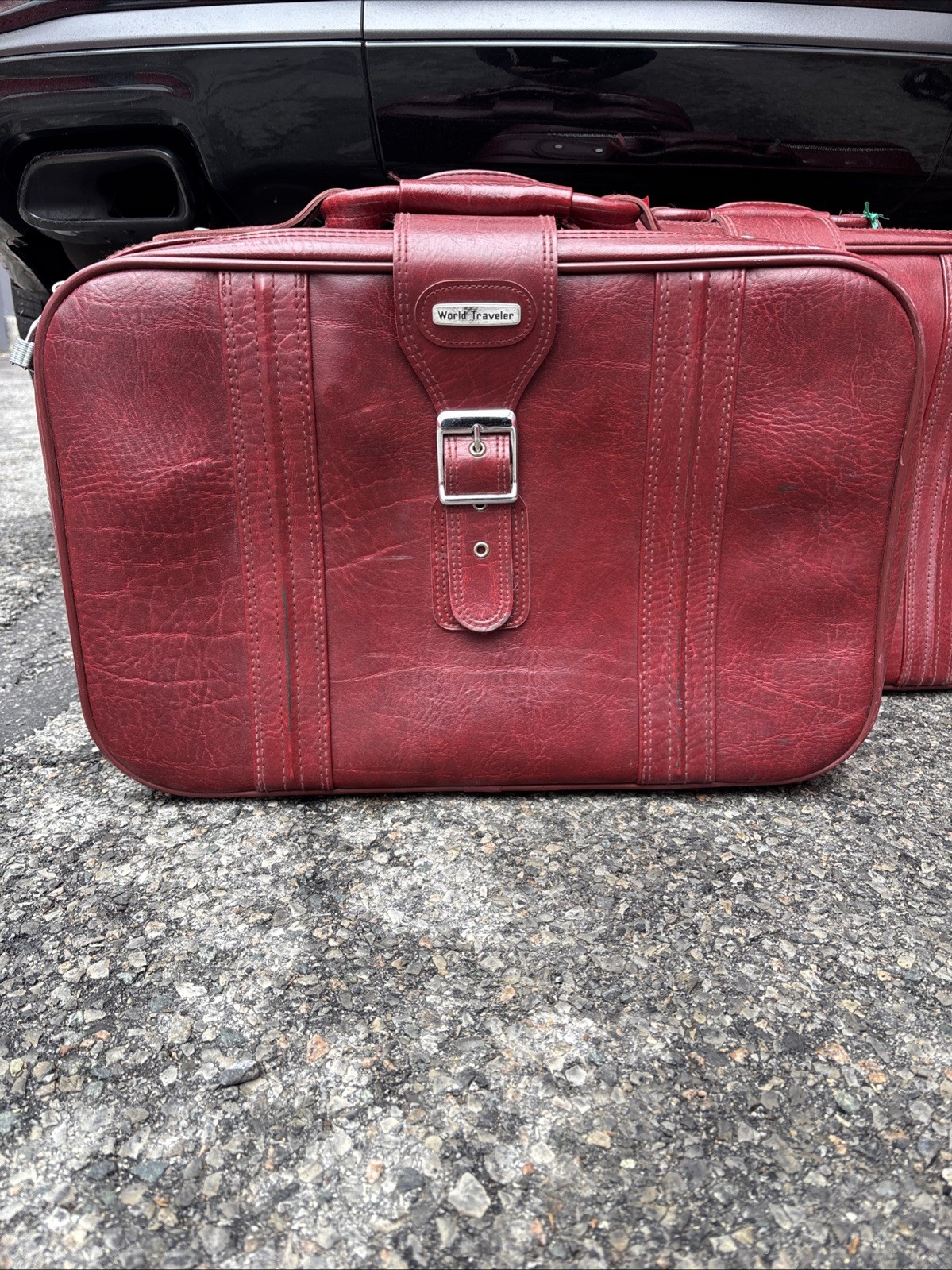 Vintage 1970s World Travel Burgundy Leather Suit Cases Travel Bag Two-piece