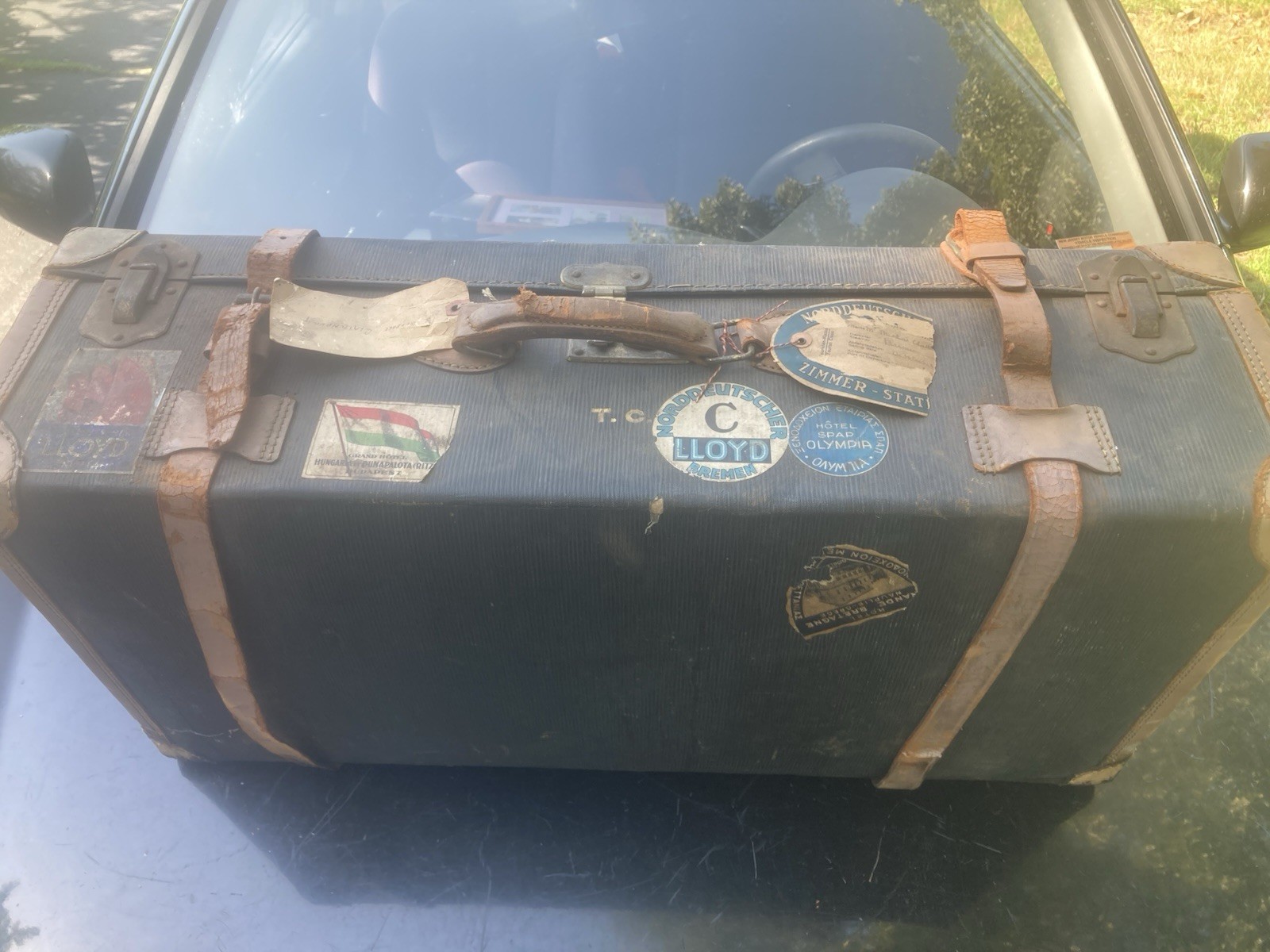 Antique European Travel Suitcase W Luggage Tags 1900-1930s Well Traveled
