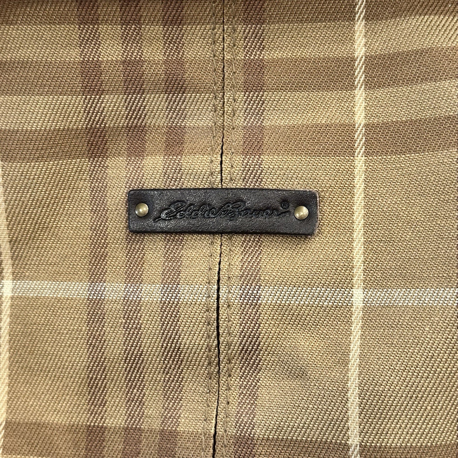 Vintage Eddie Bauer Brown Plaid Canvas & Leather Travel Duffle Satchel Bag