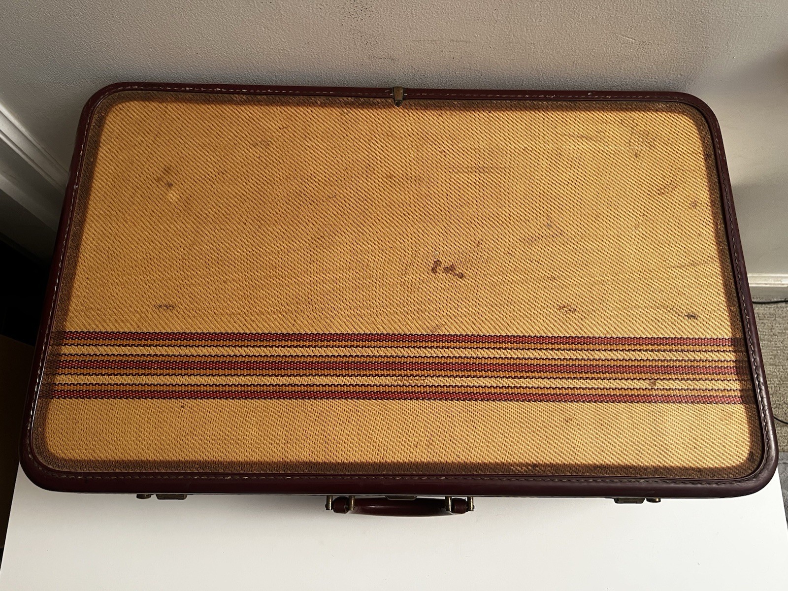 Vintage MCM Jet Age Leather Canvas & Brass Aero Pak Deluxe Modern Suitcase 26″
