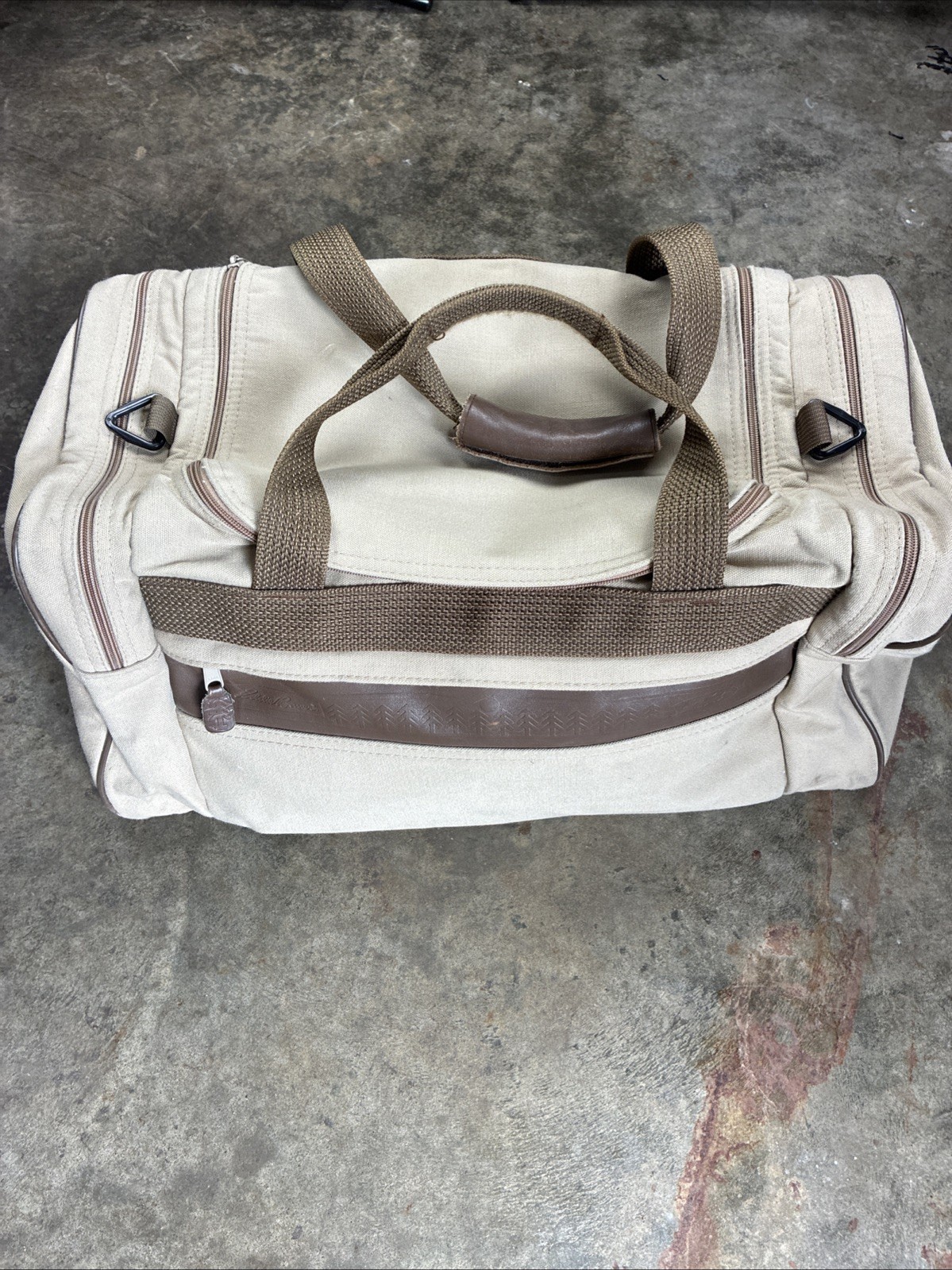 VTG Eddie Bauer Ford Motor Co Tan Canvas Leather Duffle Bag Travel Carry-on 24″